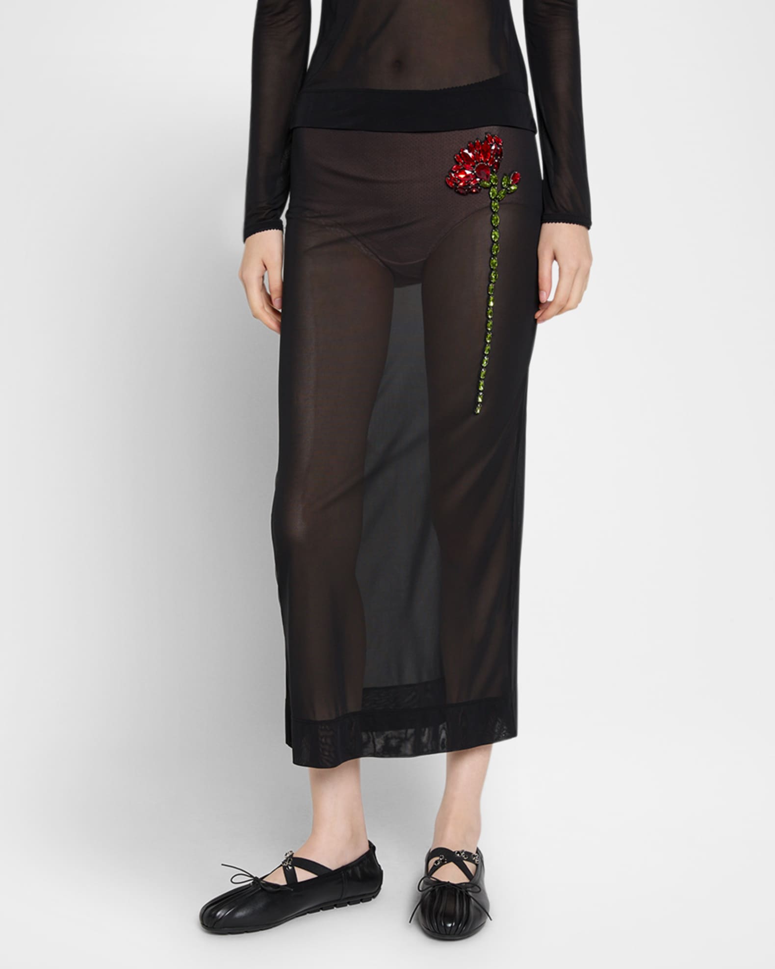 Simone Rocha Sheer Column Rose Crystal Midi Skirt | Neiman Marcus