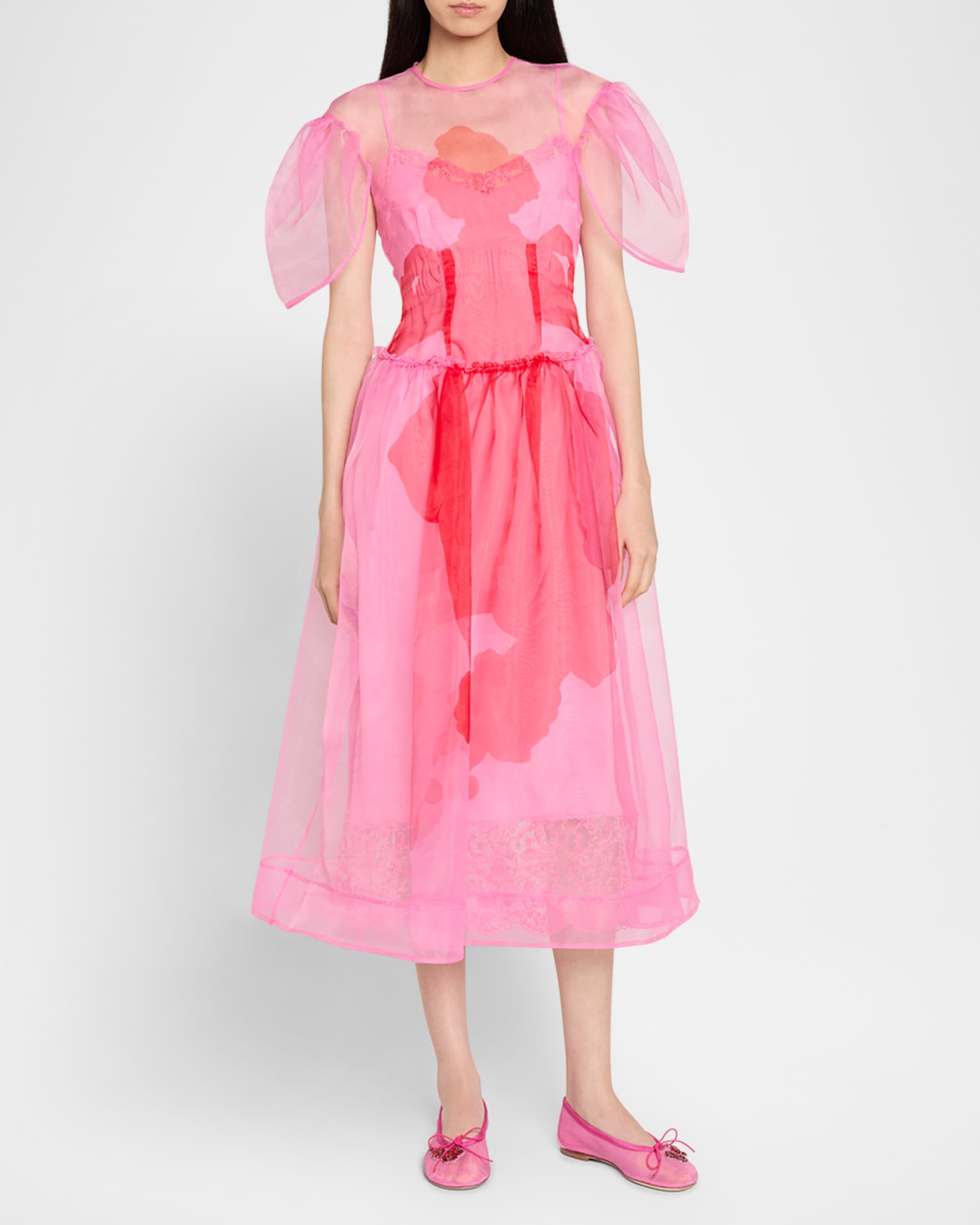 Simone Rocha Petal-Sleeve Sculpted Sheer Midi Dress | Neiman