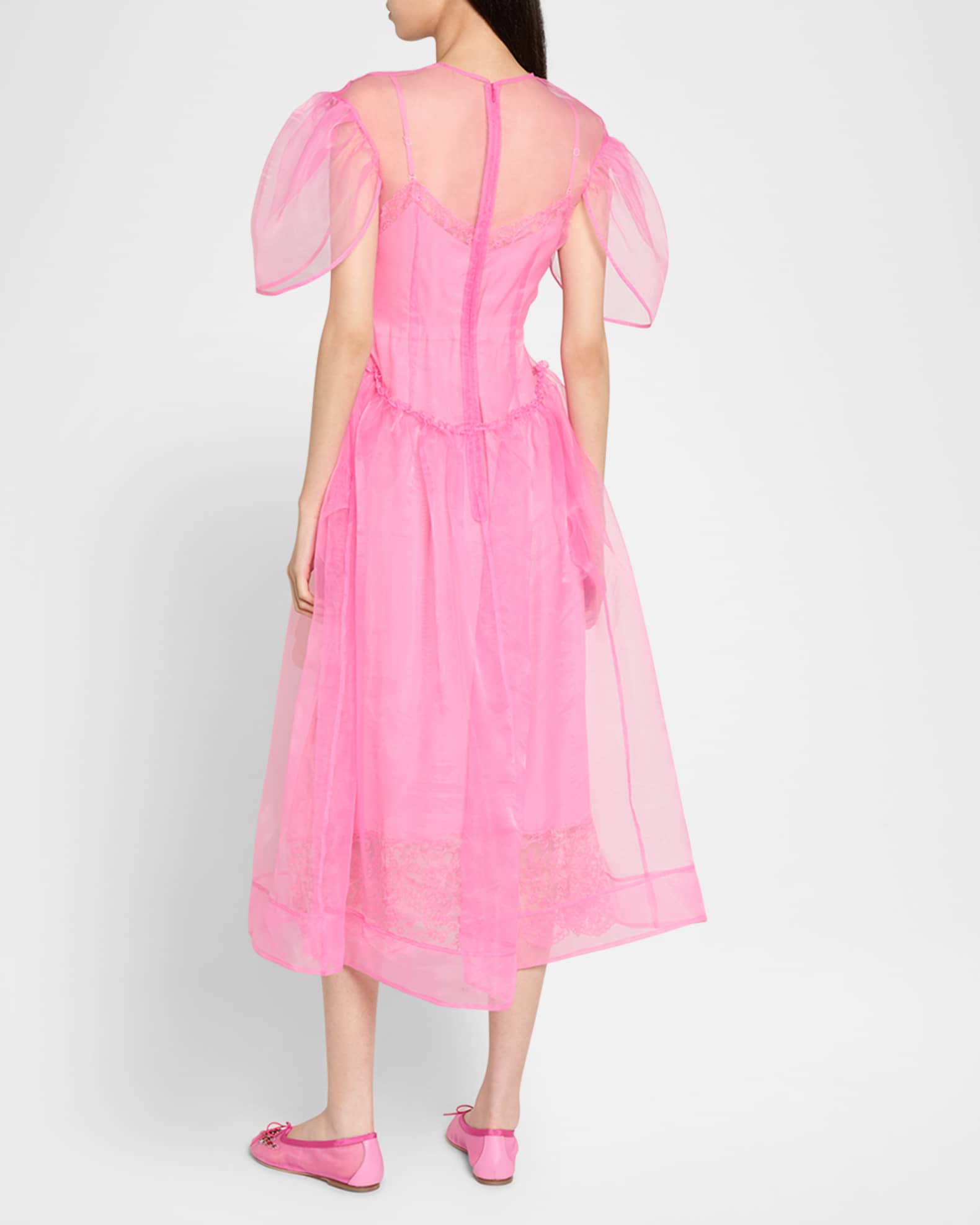Simone Rocha Petal-Sleeve Sculpted Sheer Midi Dress | Neiman