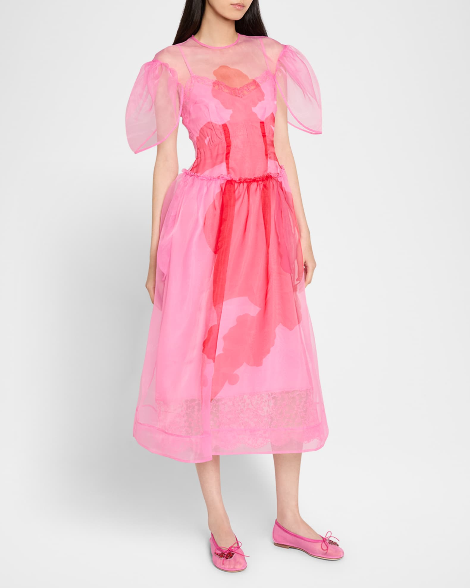 Simone Rocha Petal-Sleeve Sculpted Sheer Midi Dress | Neiman Marcus