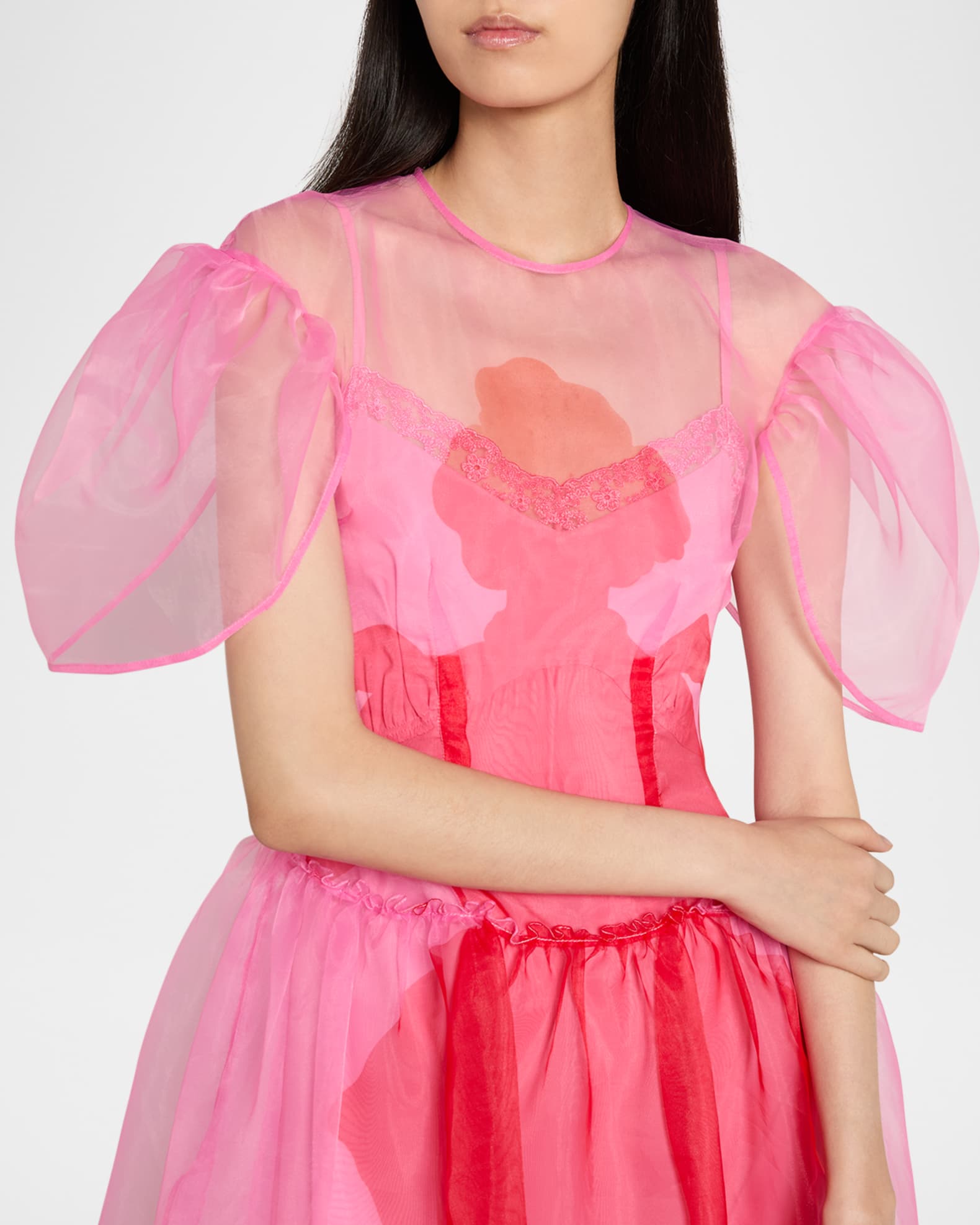 Simone Rocha Petal-Sleeve Sculpted Sheer Midi Dress | Neiman