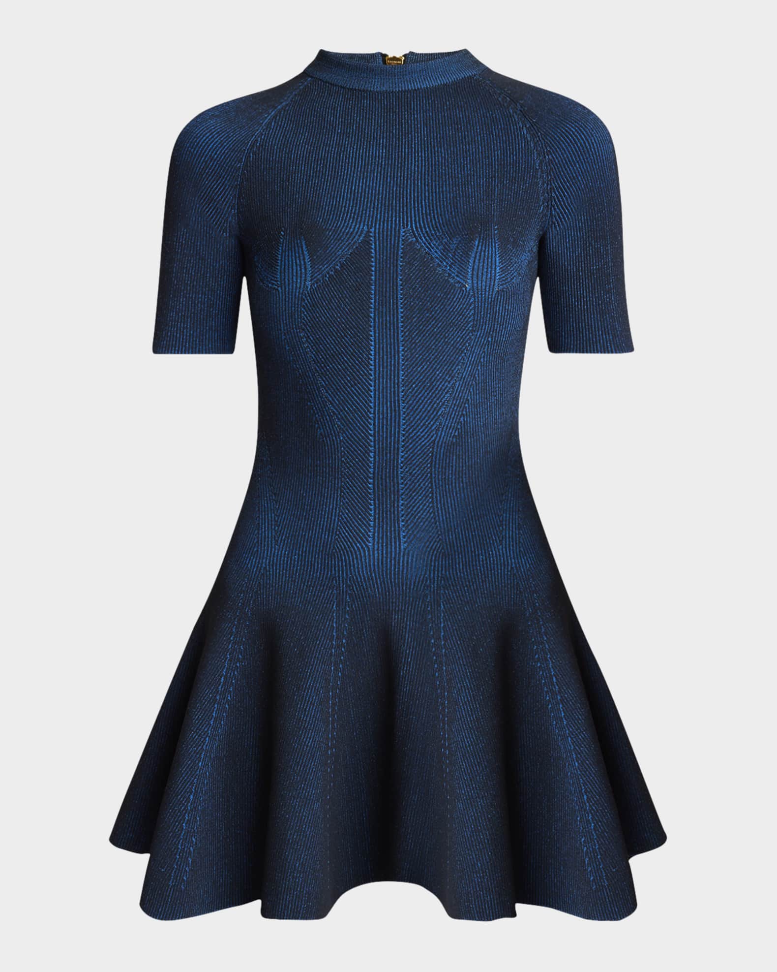 Balmain Short-Sleeve Rib Knit Fit-&-Flare Mini Dress Balmain Short-Sleeve Rib Knit Fit-&-Flare Mini Dress
