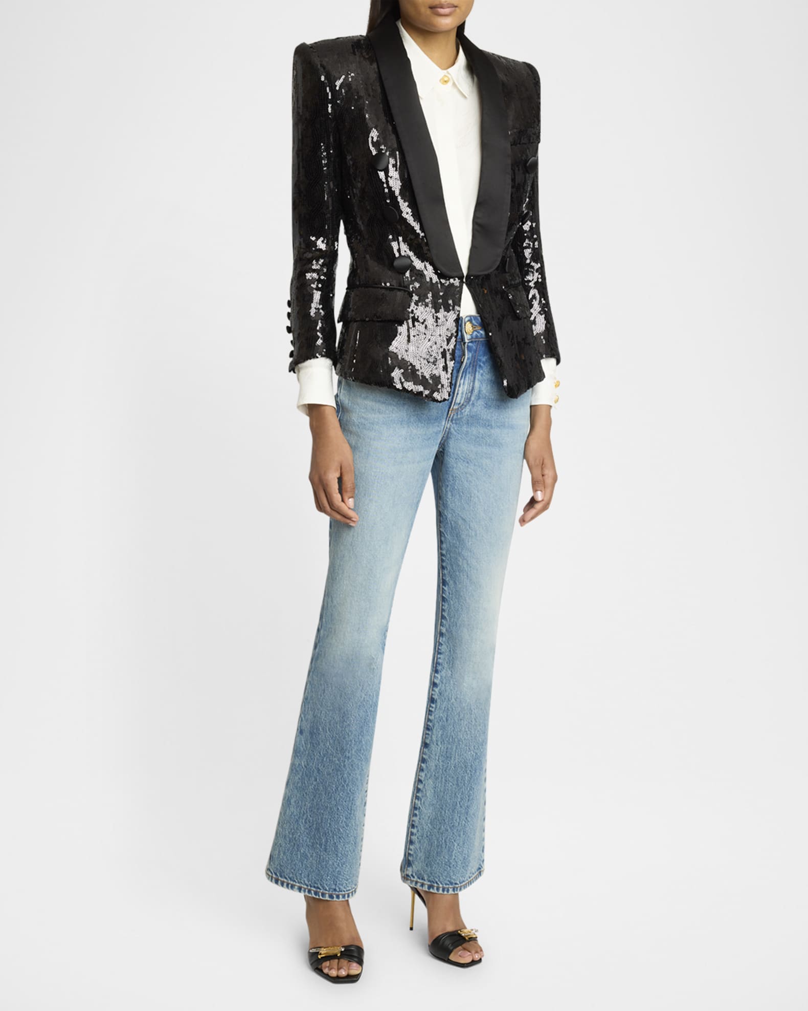 Sequined Double-Breasted Satin Tailored Jacket 1