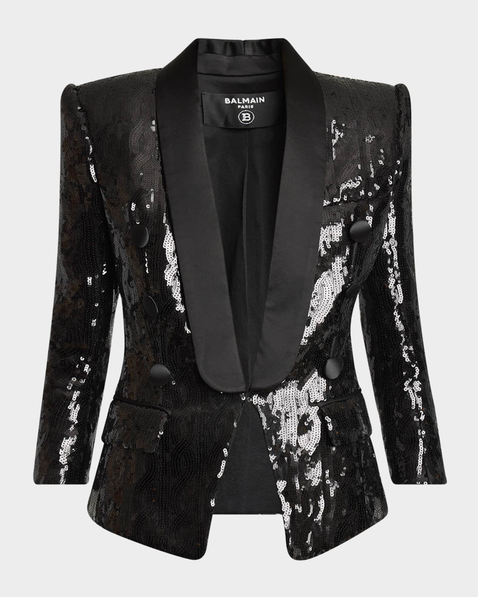 Balmain Sequined Double Breasted Satin Tailored Jacket Neiman Marcus