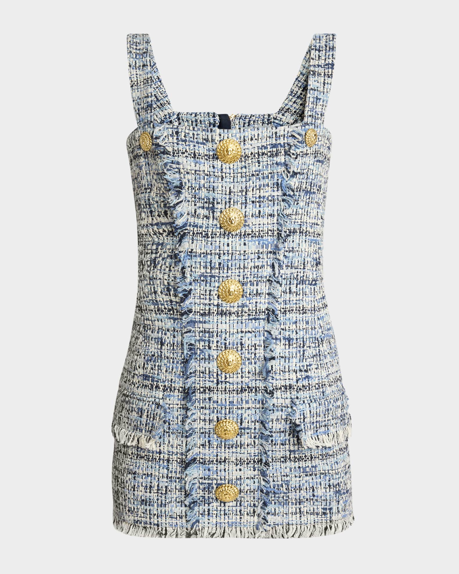 Sleeveless Button-Front Tweed Mini Dress 0