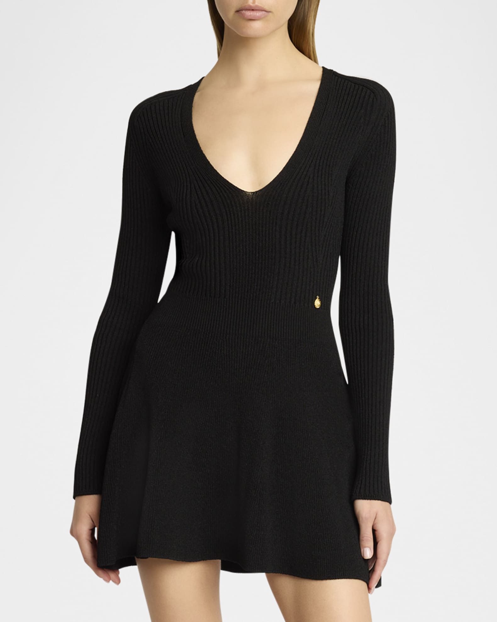 Plunging Long-Sleeve Rib Knit Mini Dress 1