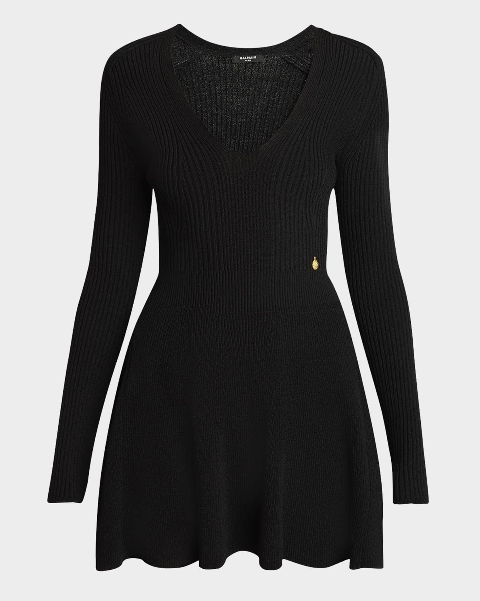 Plunging Long Sleeve Rib Knit Mini Dress