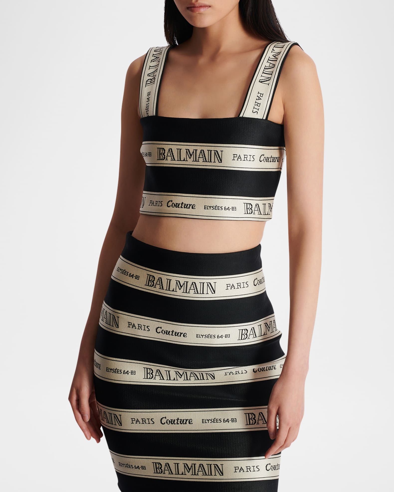 Balmain Striped Logo Jacquard Crop Top | Neiman Marcus