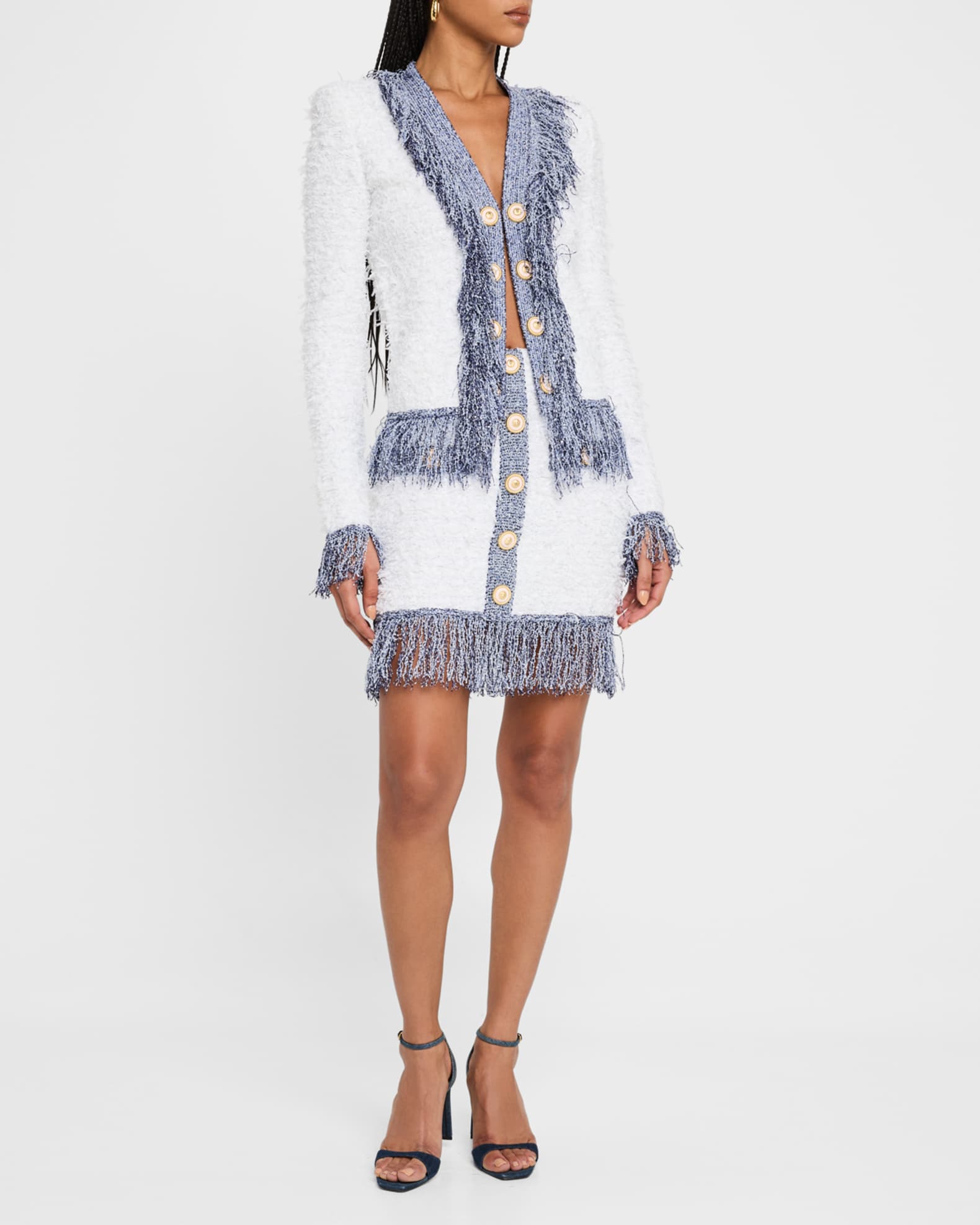 2-Pockets Metallic Fringe Tweed Mini Skirt 1