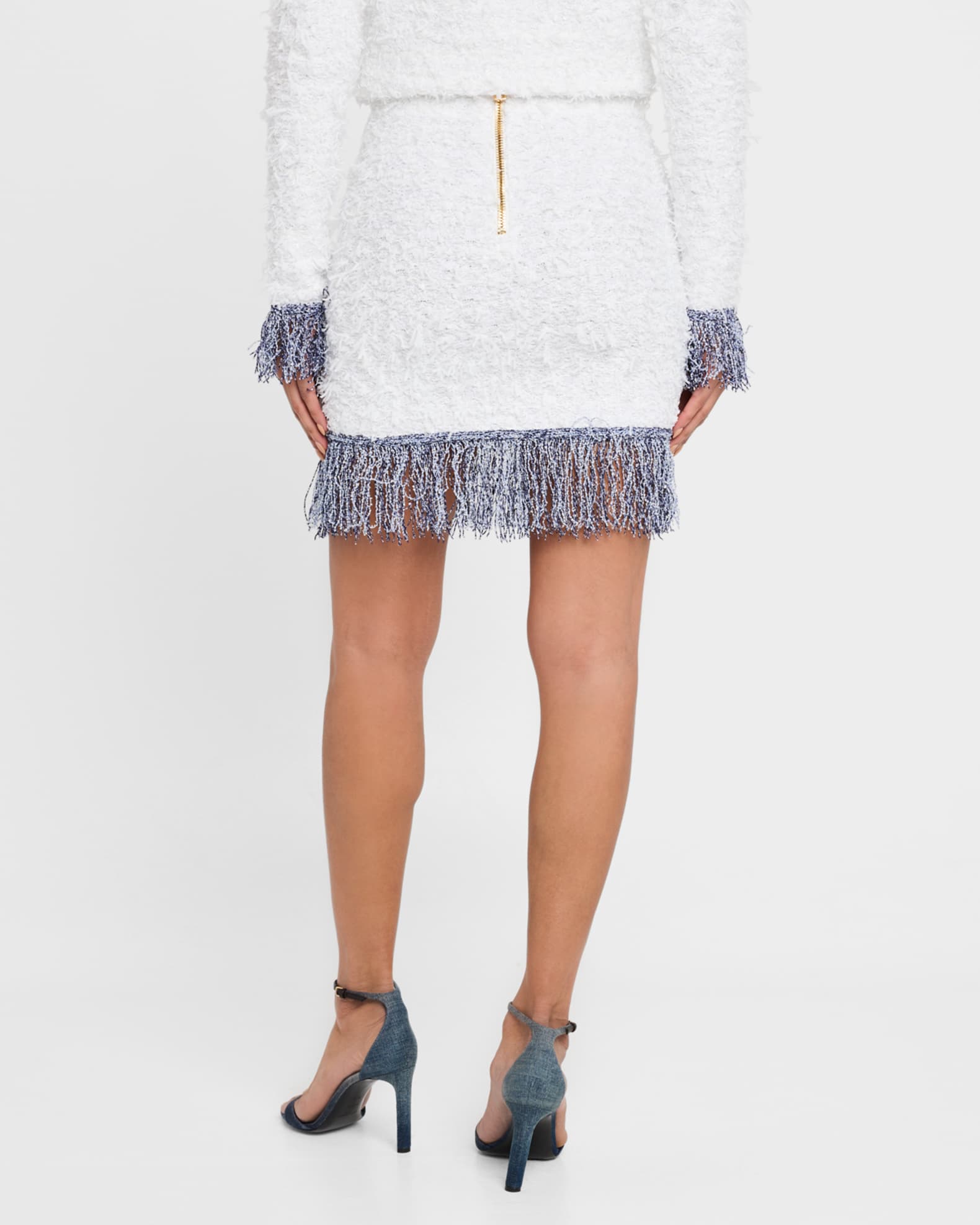 Balmain 2-Pockets Metallic Fringe Tweed Mini Skirt | Neiman