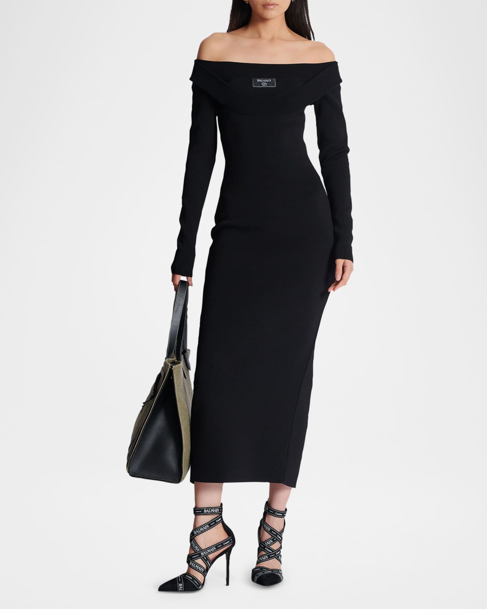 【関税＆送料込み】Balmain Knit Dress With Double Straps Balmain Double Collar Knit Off-The-Shoulder Zipped Midi
