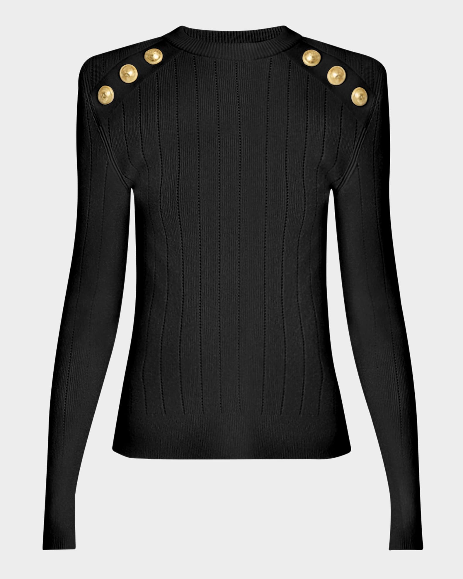 Button Strong-Shoulder Pointelle Rib Knit Sweater 0