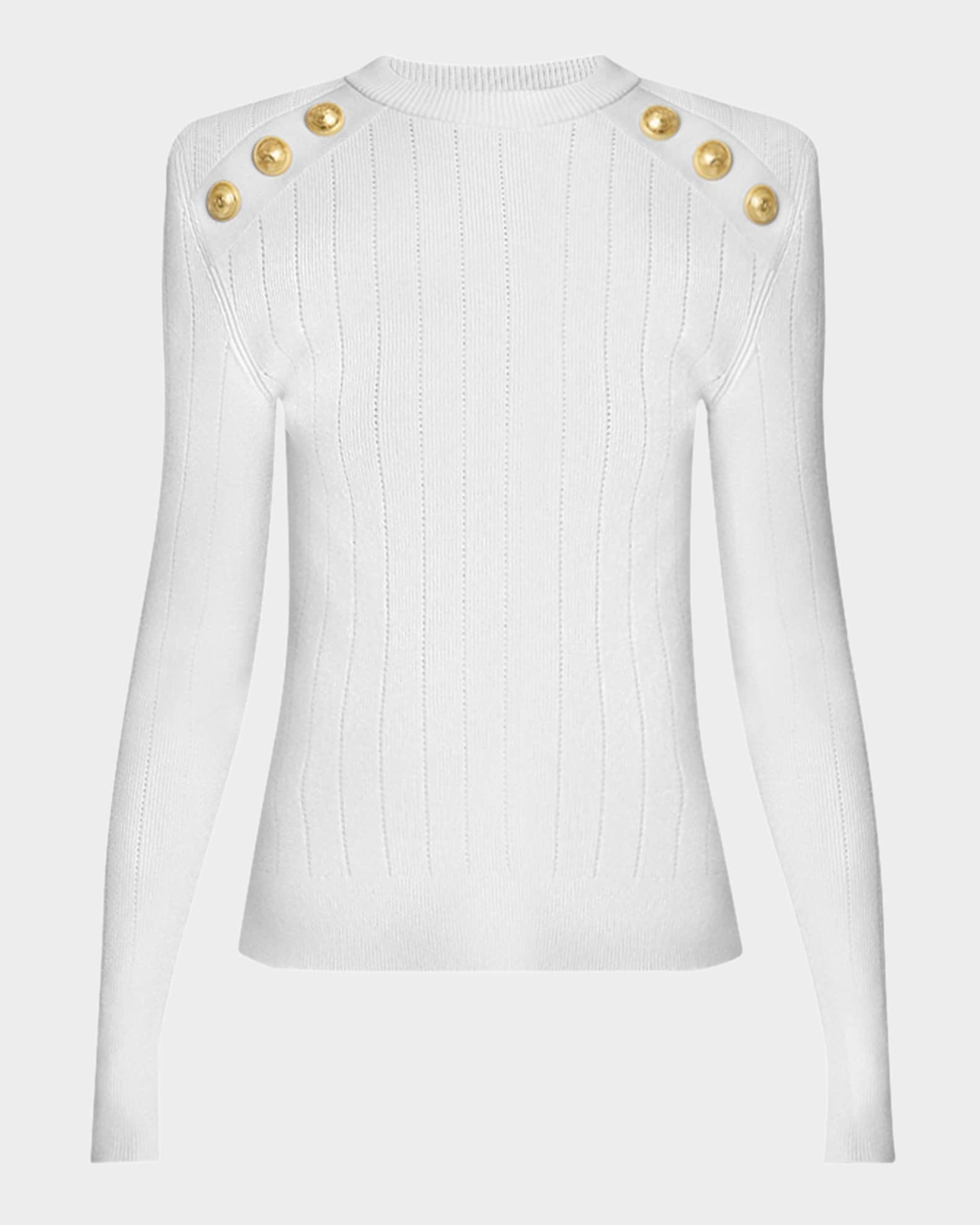 Balmain Women s Button Strong Shoulder Pointelle Rib Knit Sweater