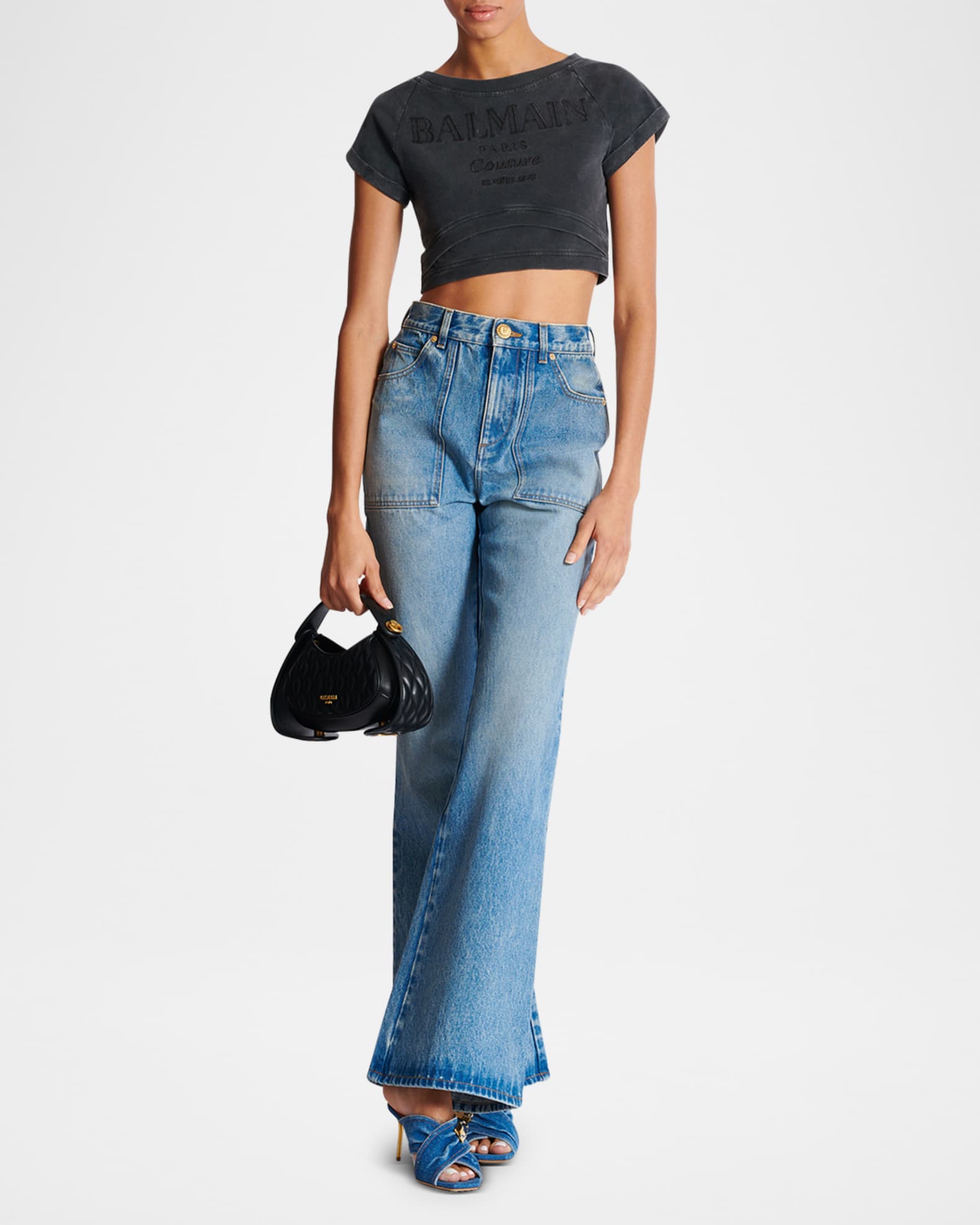 Balmain Logo Embroidered Double Hem Crop T-Shirt | Neiman Marcus