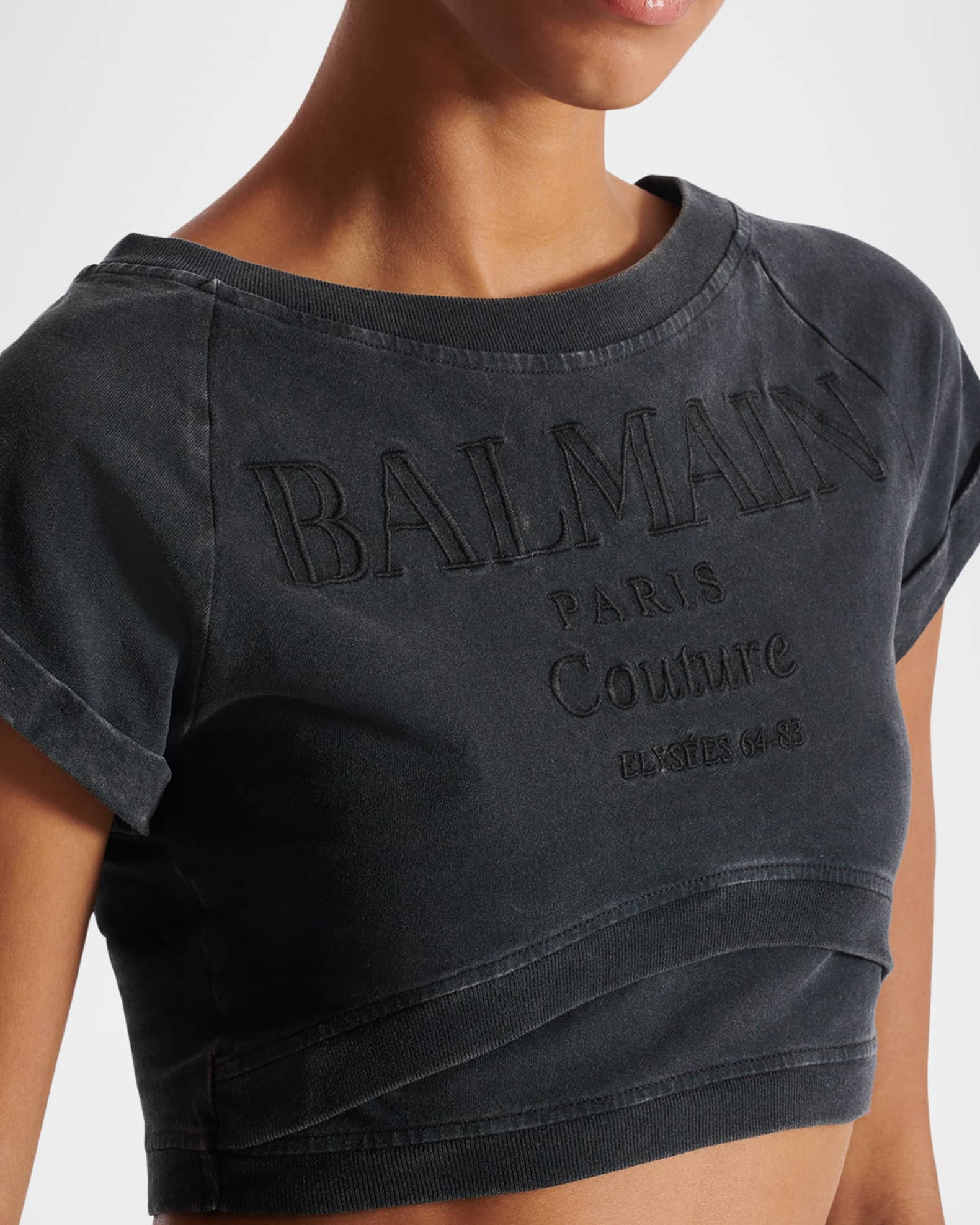 Balmain Logo Embroidered Double Hem Crop T-Shirt | Neiman Marcus