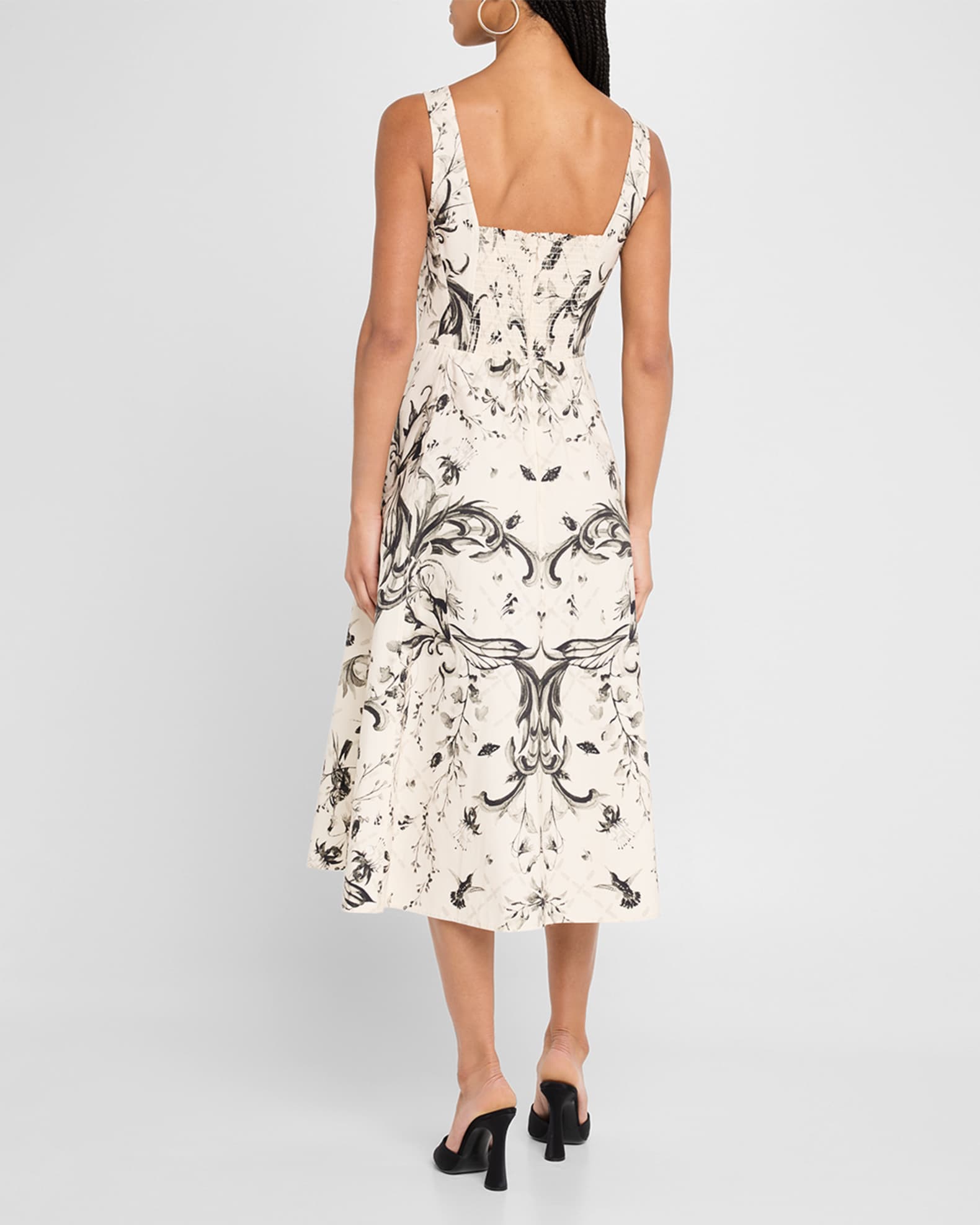 Black Beige Floral Block Print Cotton Midi Dress – Boho Handmade Tiered Dress with Puff Sleeves & Contrast Yoke