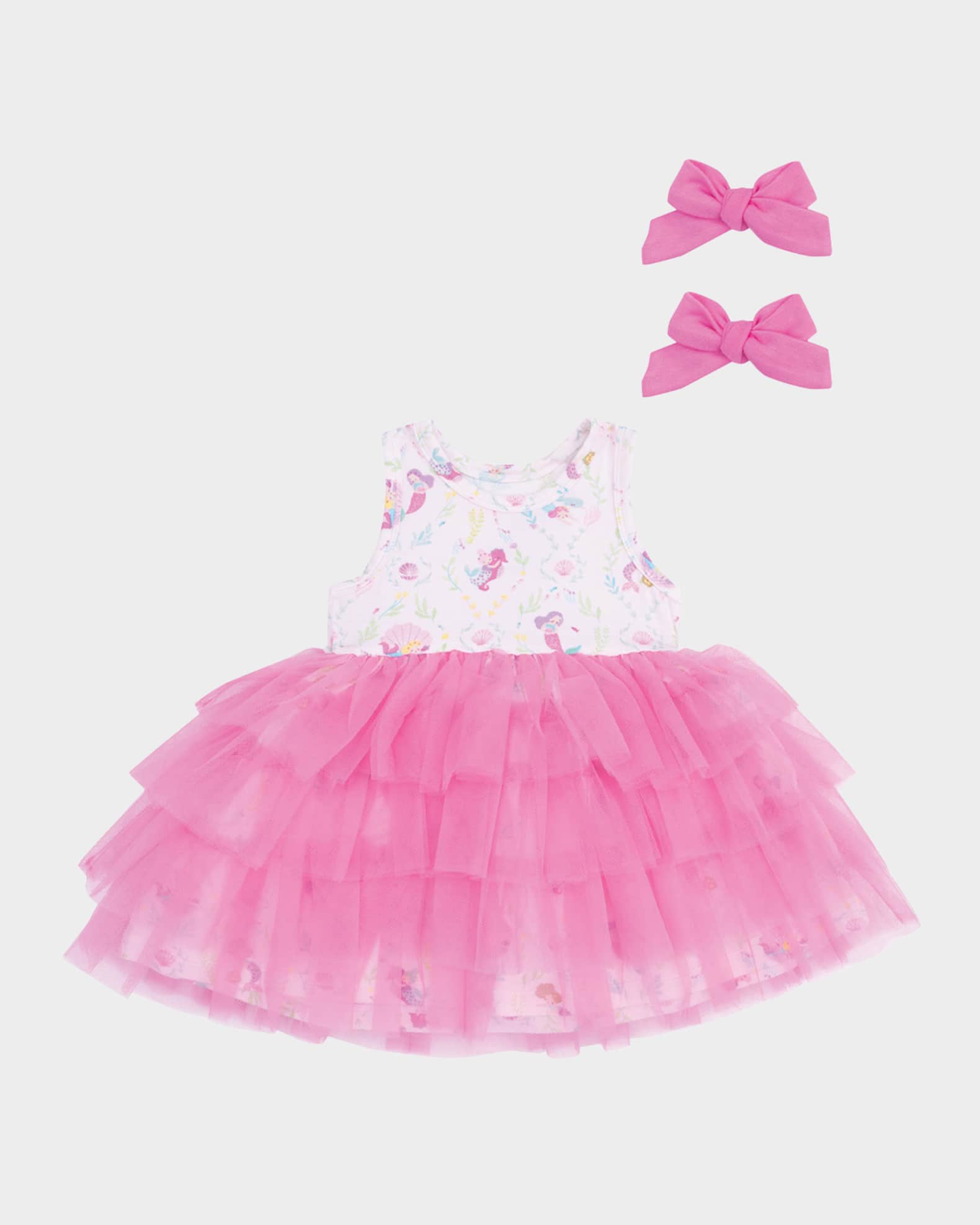 Girl's Mermaids-Print Twirly Sleeveless Tutu Dress with Hair Bows, Size 6M-3 0