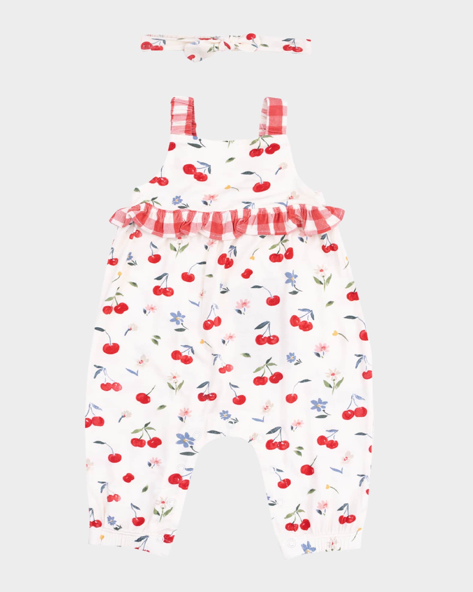 Girl's Watercolor Cherries Printed Romper W/ Knot Headband, Size Newborn-24M 0