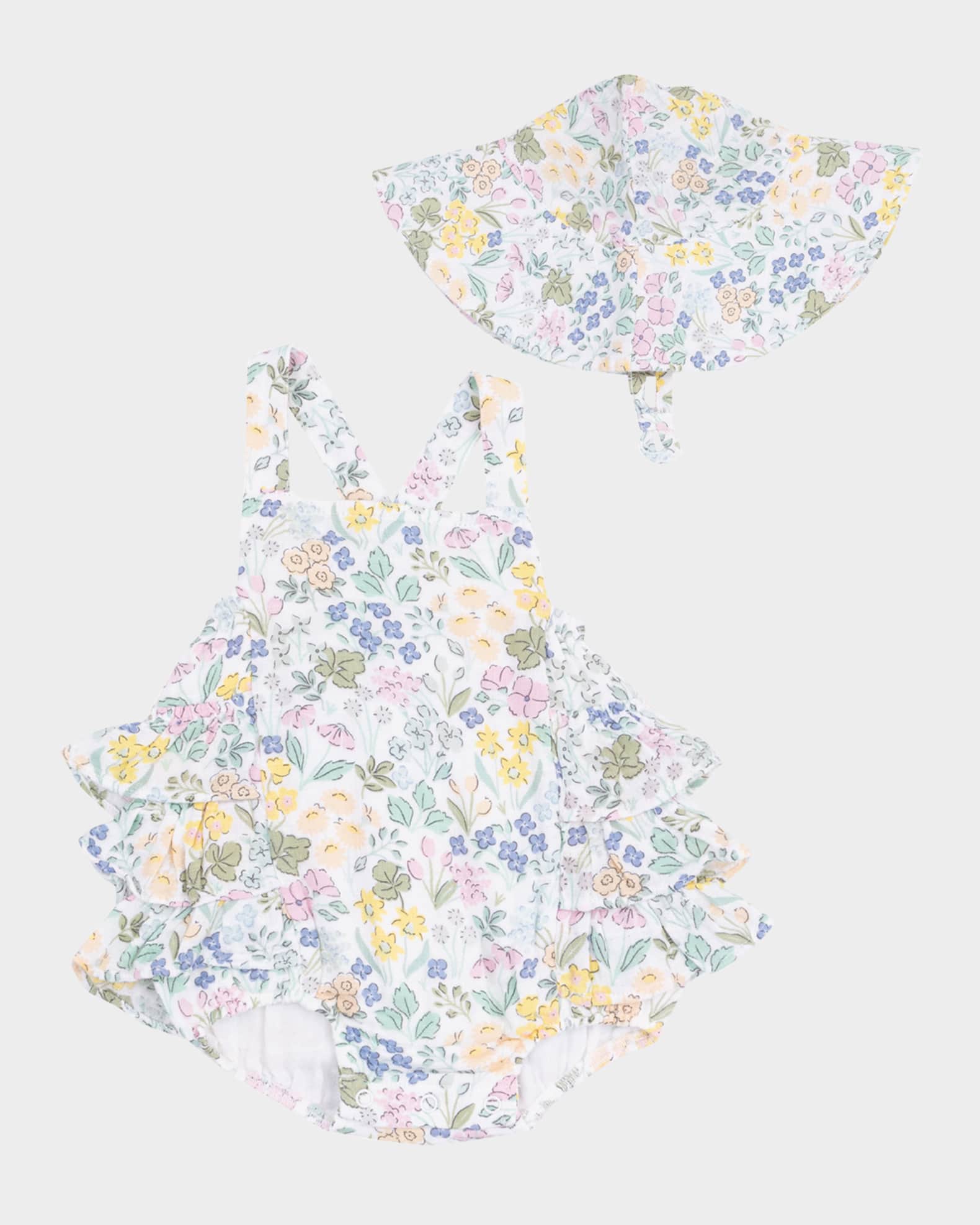 Girl's Samantha Floral-Print Romper W/ Sunhat, Size Newborn-24M 0