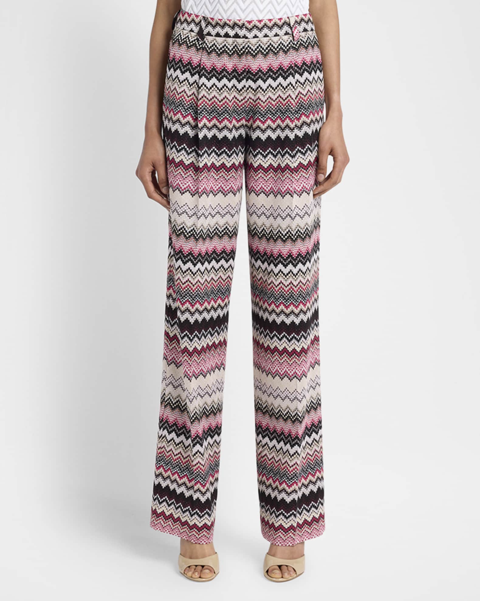 Metallic Chevron Pleated Straight-Leg Trousers 1