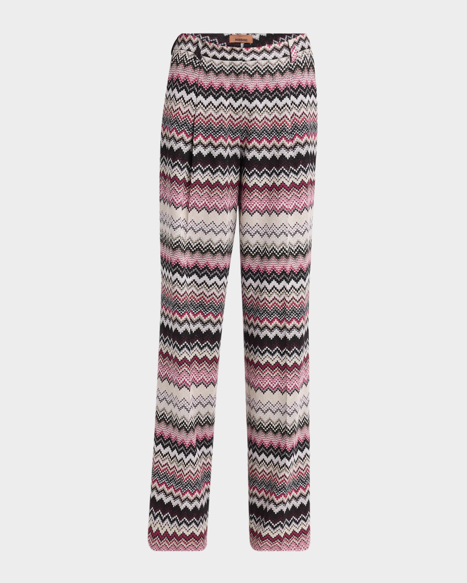 Metallic Chevron Pleated Straight-Leg Trousers 0