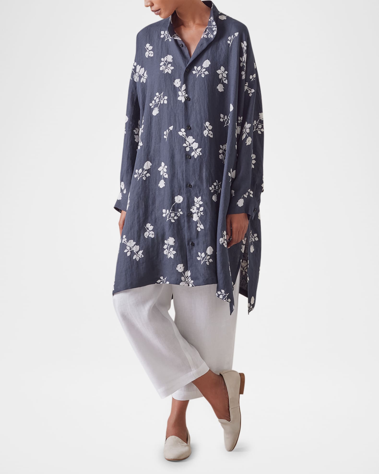 Wide A-Line Collarless Shirt With Slits (Very Long Length) 1