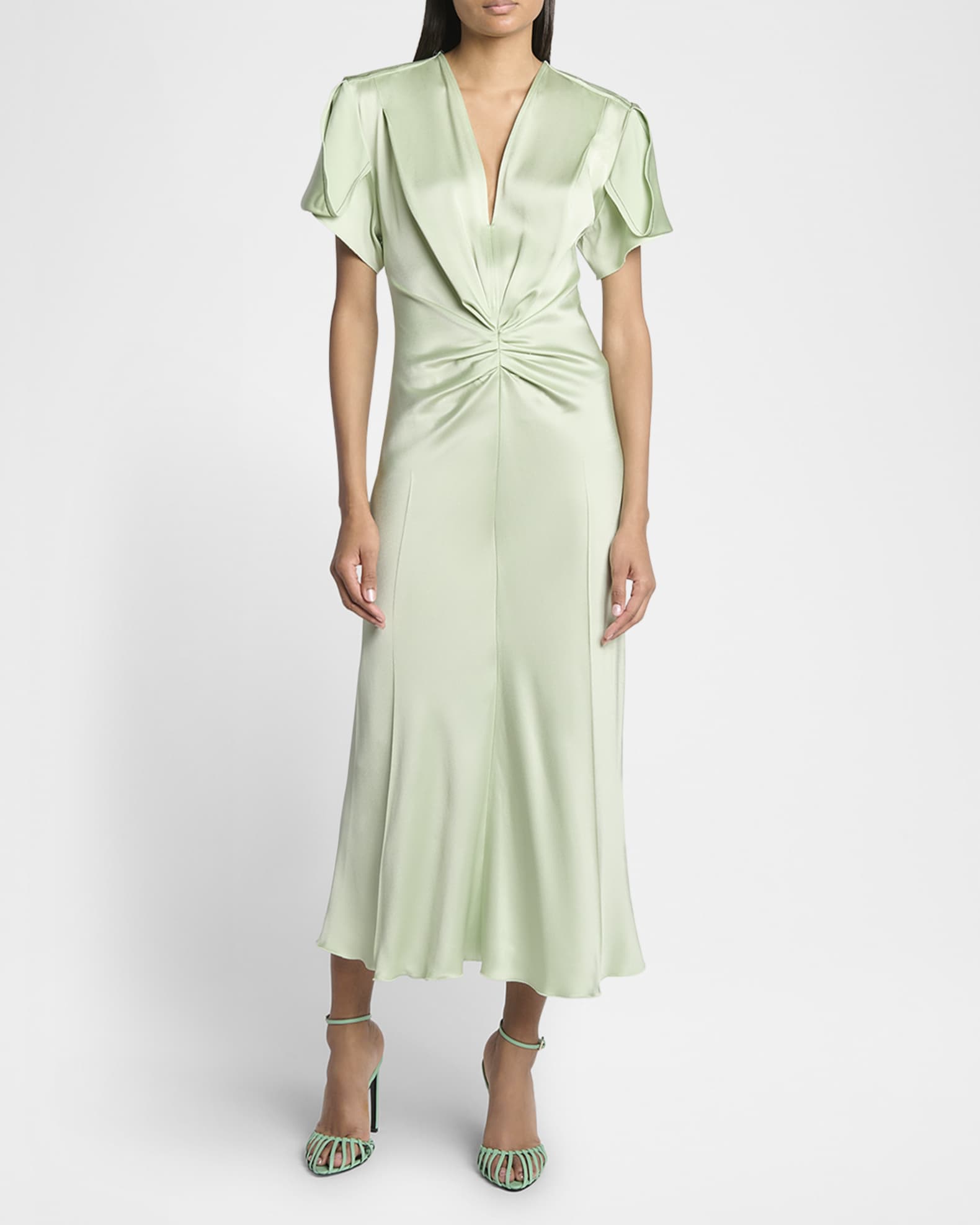 ワンピース Victoria Beckham GATHERED V-NECK MIDI DRESS Victoria Beckham Gathered V-Neck Midi Dress | Neiman Marcus