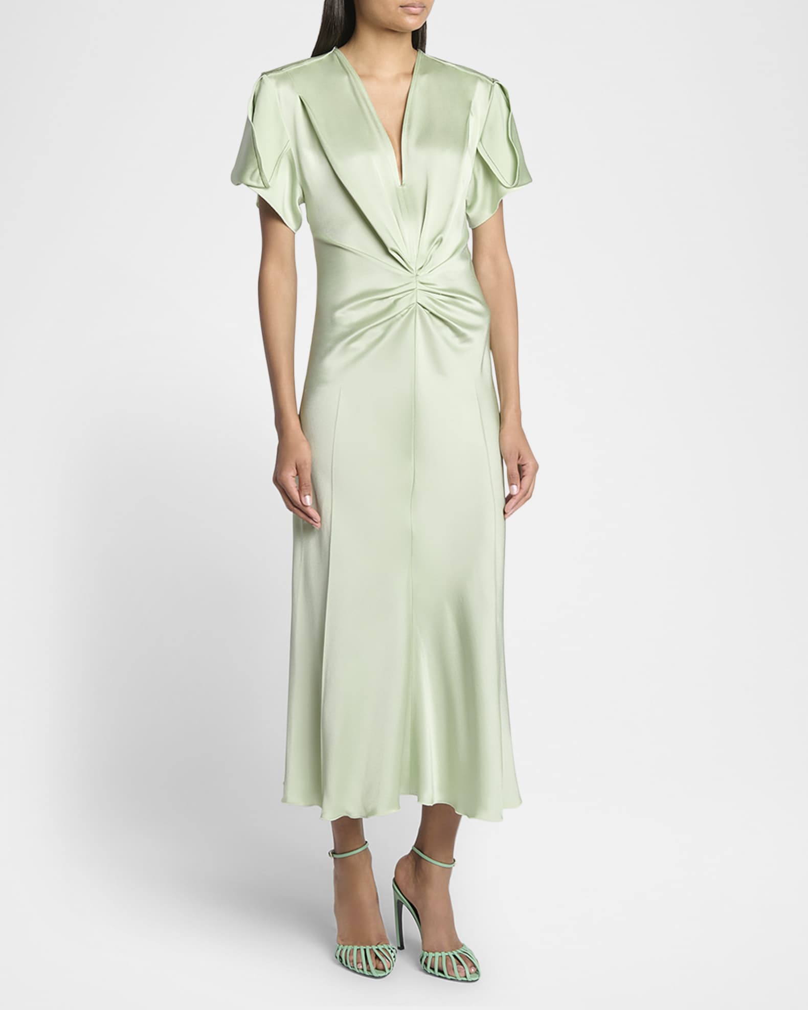 Victoria Beckham Gathered V-Neck Midi Dress | Neiman Marcus