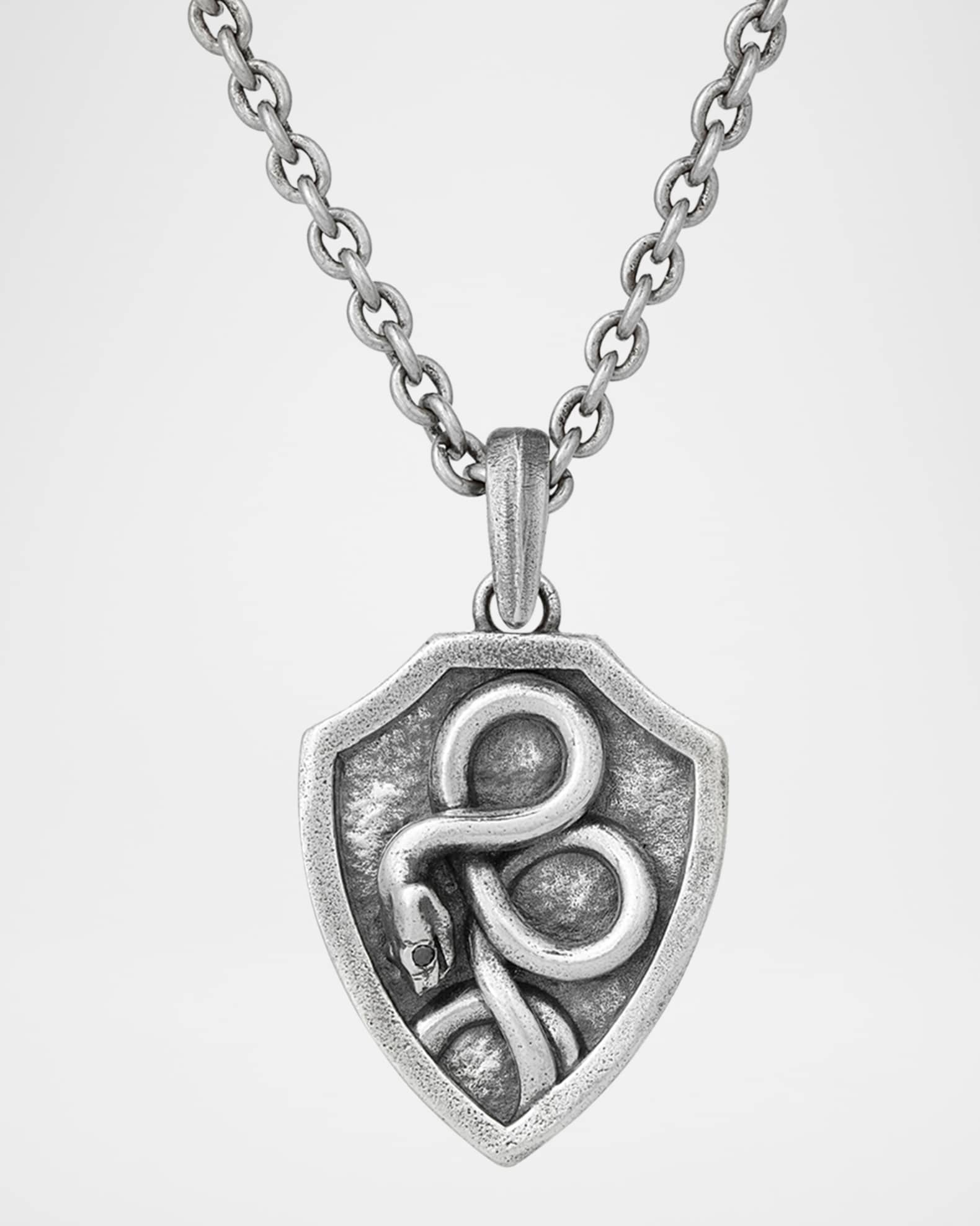 Men's Sterling Silver Snake Shield Pendant Necklace with Black Diamond Eye 0