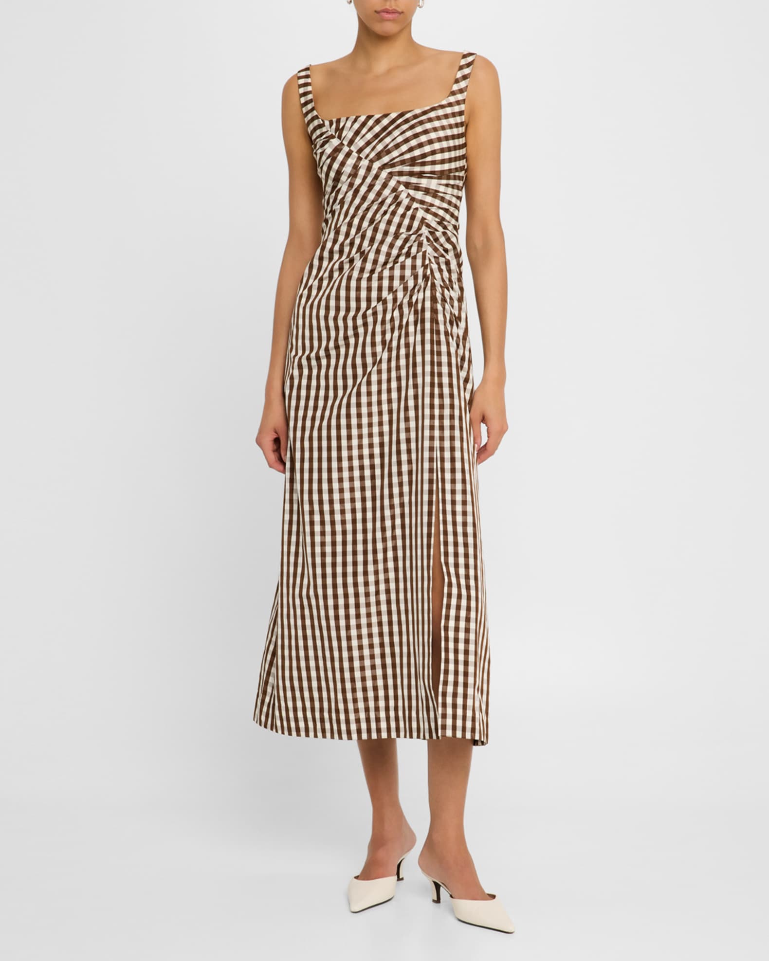 Plaid Taffeta Ruched Sleeveless Midi Dress 1