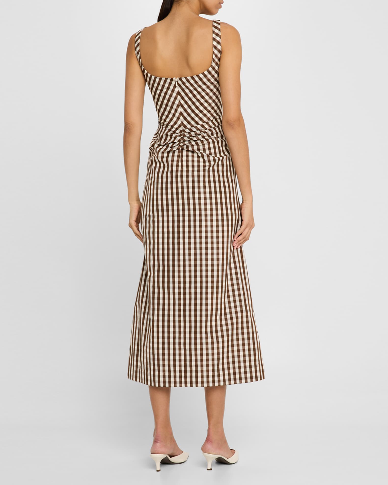 Lela Rose Plaid Taffeta Ruched Sleeveless Midi Dress | Neiman Marcus