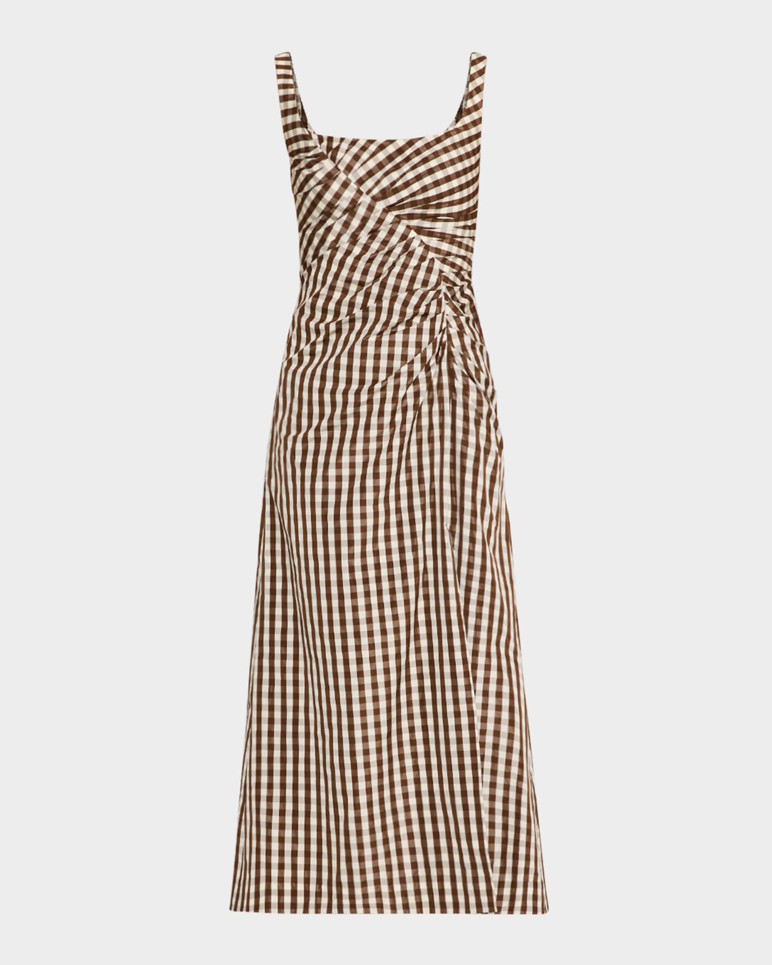 Plaid Taffeta Ruched Sleeveless Midi Dress 0