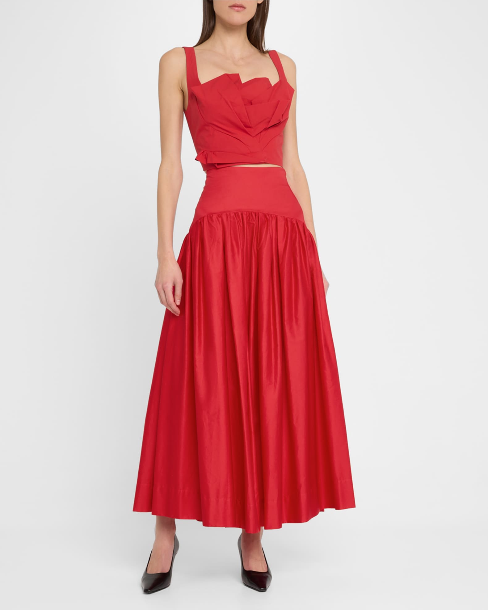 Drop-Waist Gathered Cotton Poplin Midi Skirt 1