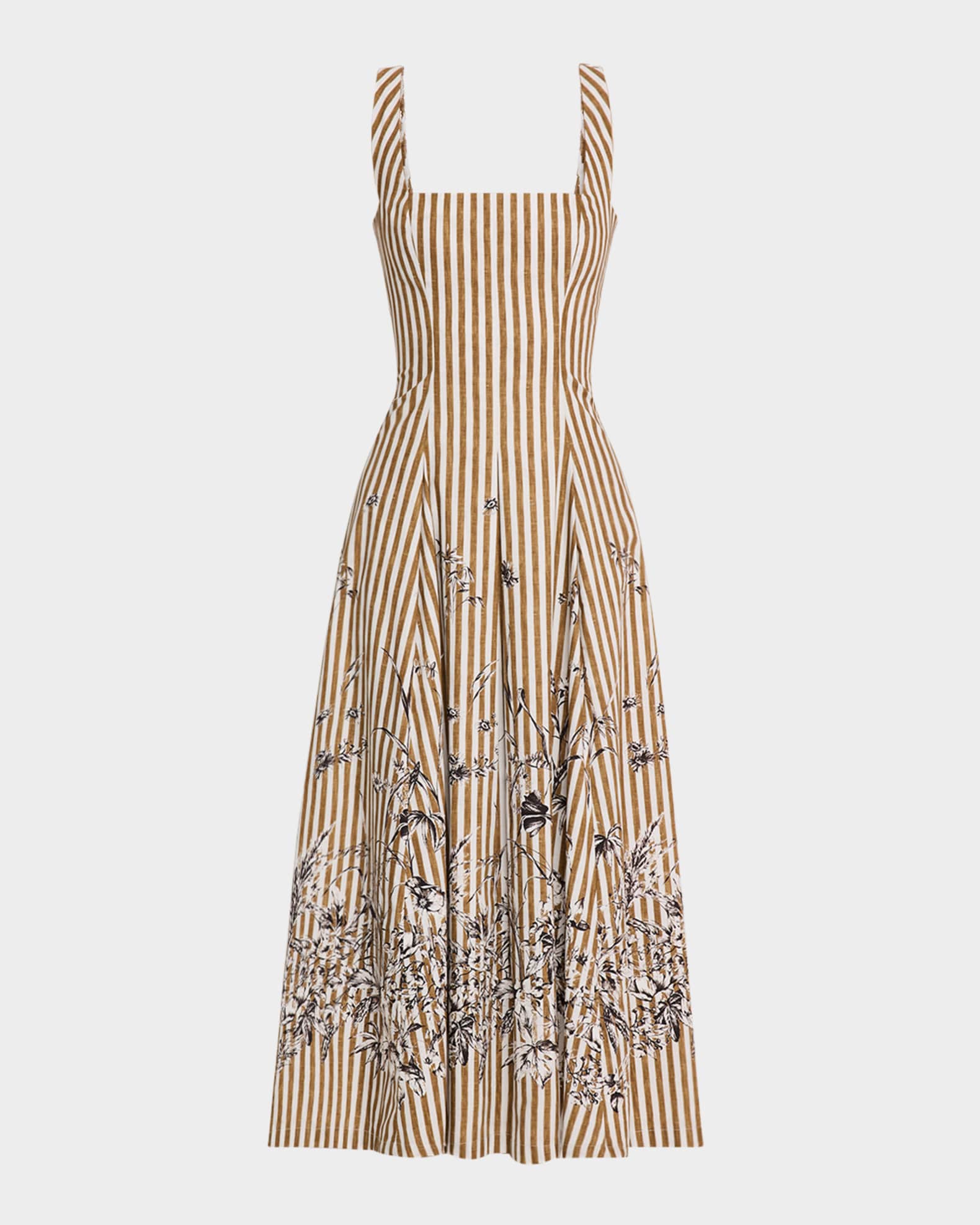 Caitlin Striped Floral-Print Poplin Midi Dress 0