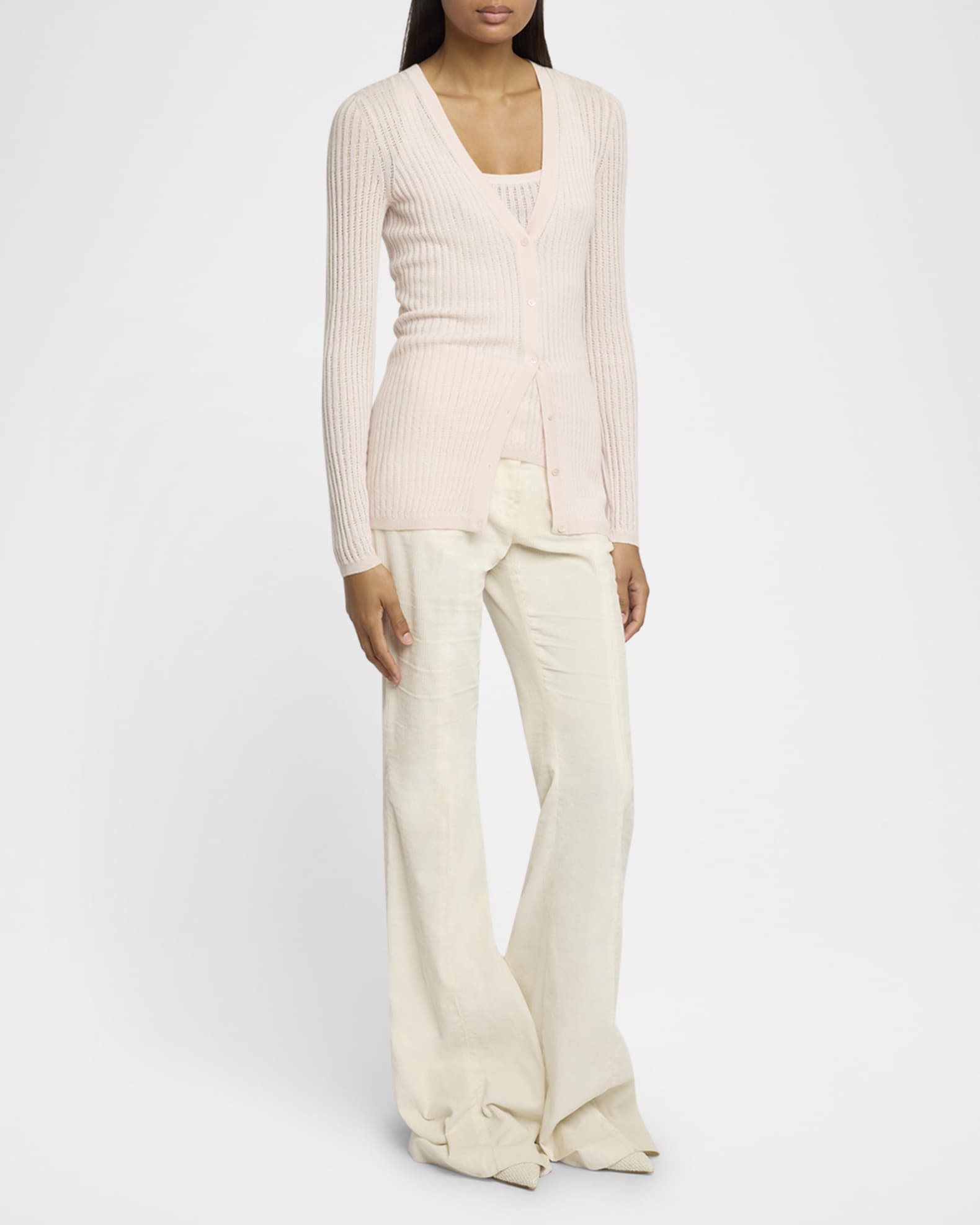 Emma V-Neck Cashmere-Silk Pointelle Knit Cardigan 1