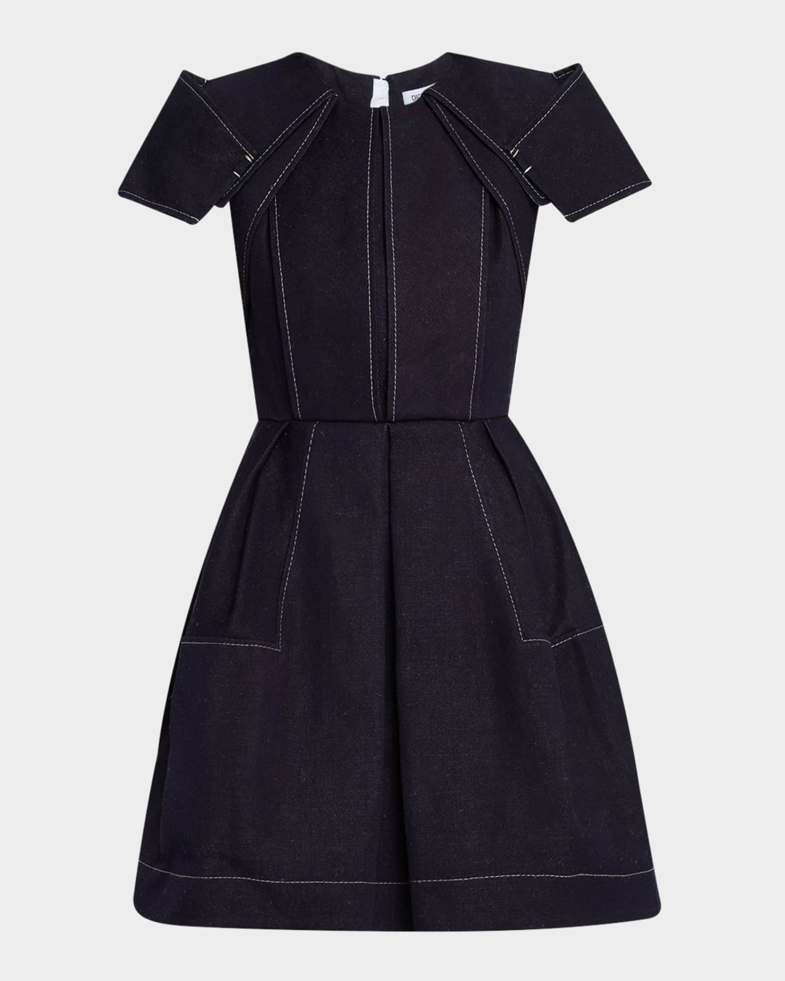 Pleated Denim Short-Sleeve Mini Dress 0