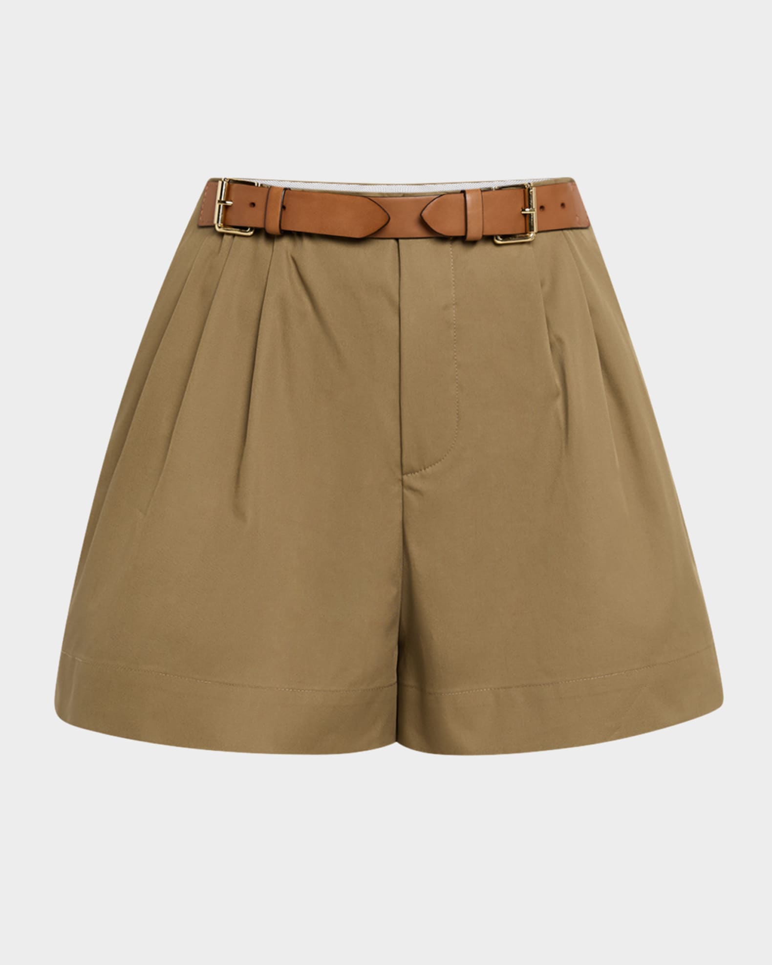 Belted Pleated Cotton Shorts 0