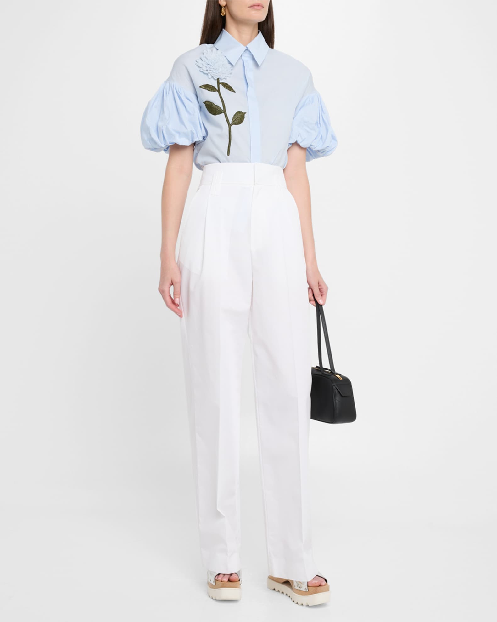 Flower Embellished Puff-Sleeve Button-Down Shirt 1