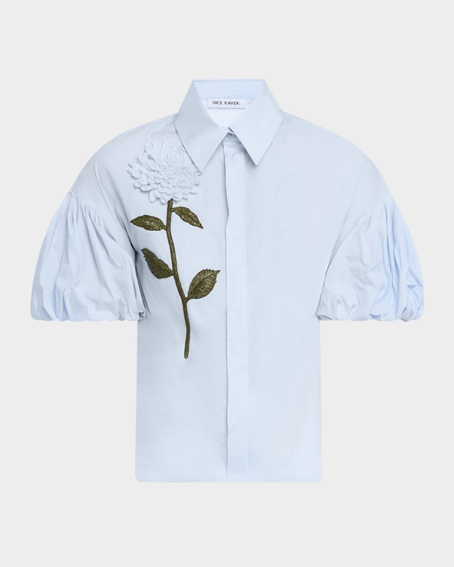 Flower Embellished Puff-Sleeve Button-Down Shirt 0