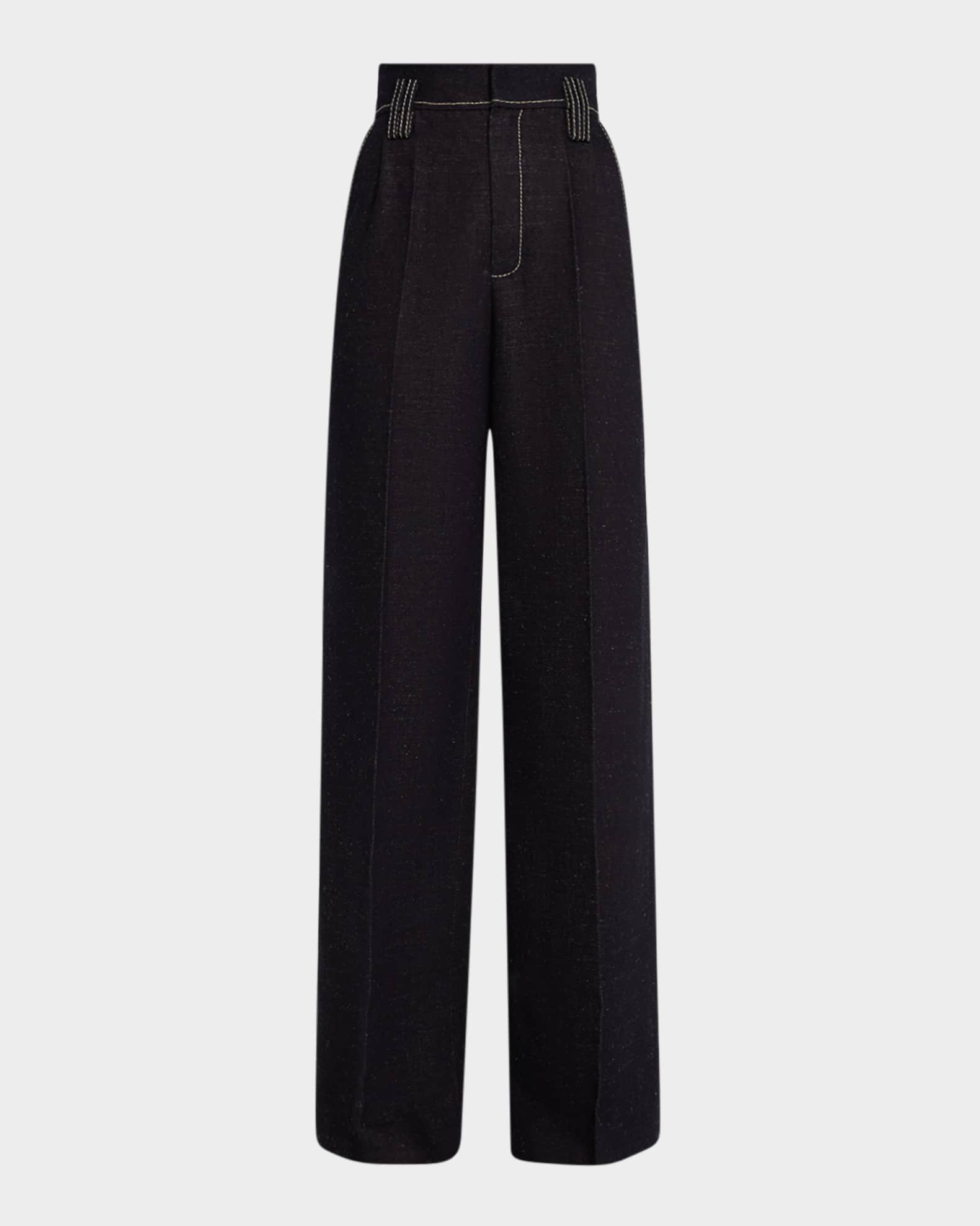 Pleated Wide-Leg Denim Pants 0