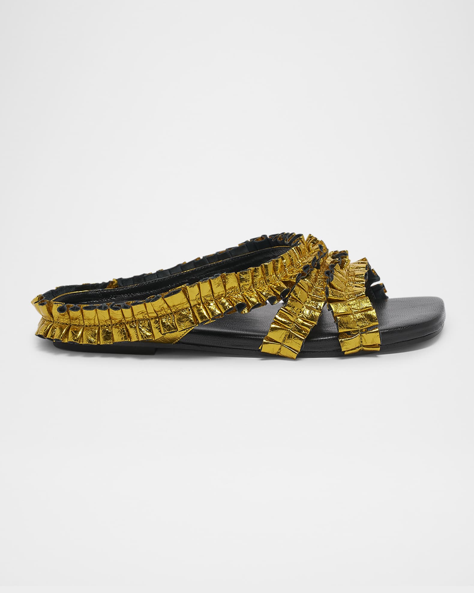 Dries Van Noten Metallic Ruche Ruffled Leather Flat Sandals