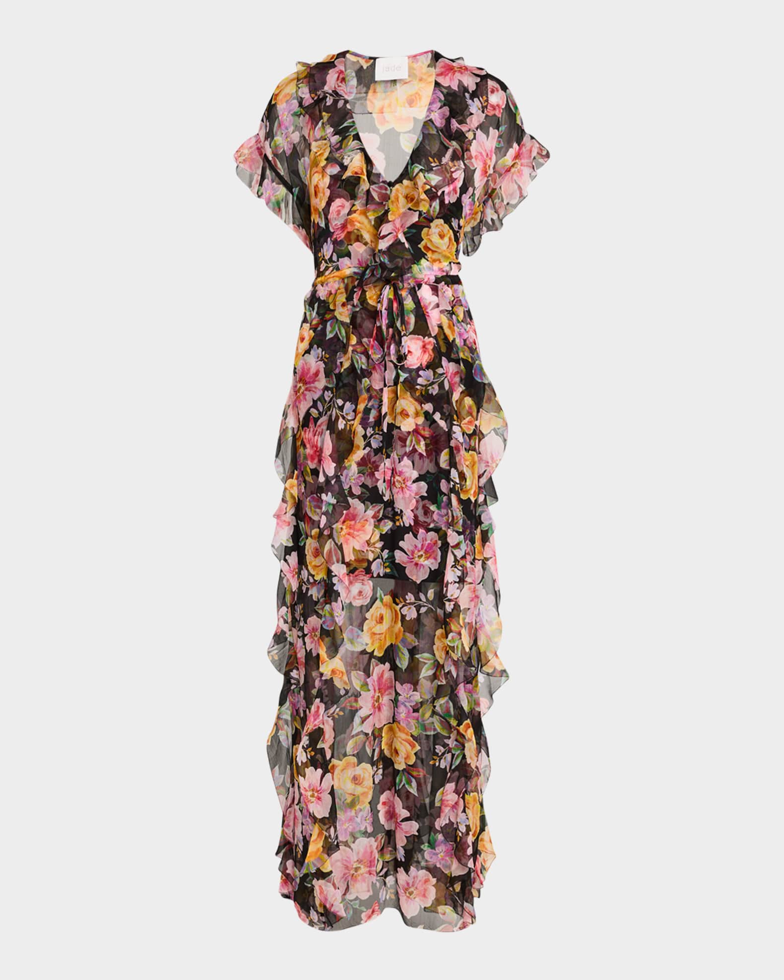 Suri Floral-Print Ruffle Silk Maxi Dress 0