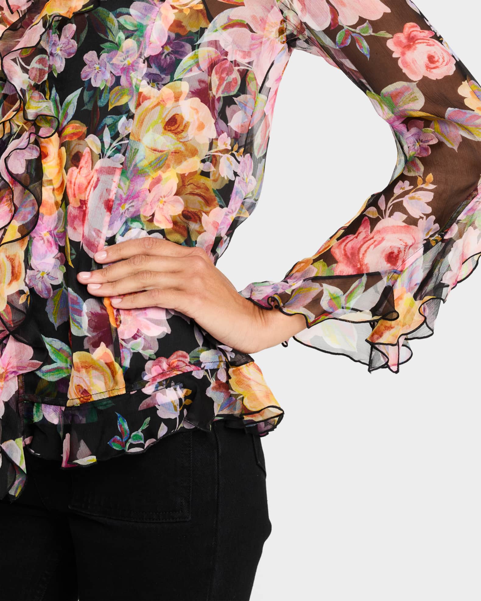 Johnny Was Kylie Floral-Print Ruffle Chiffon Blouse | Neiman