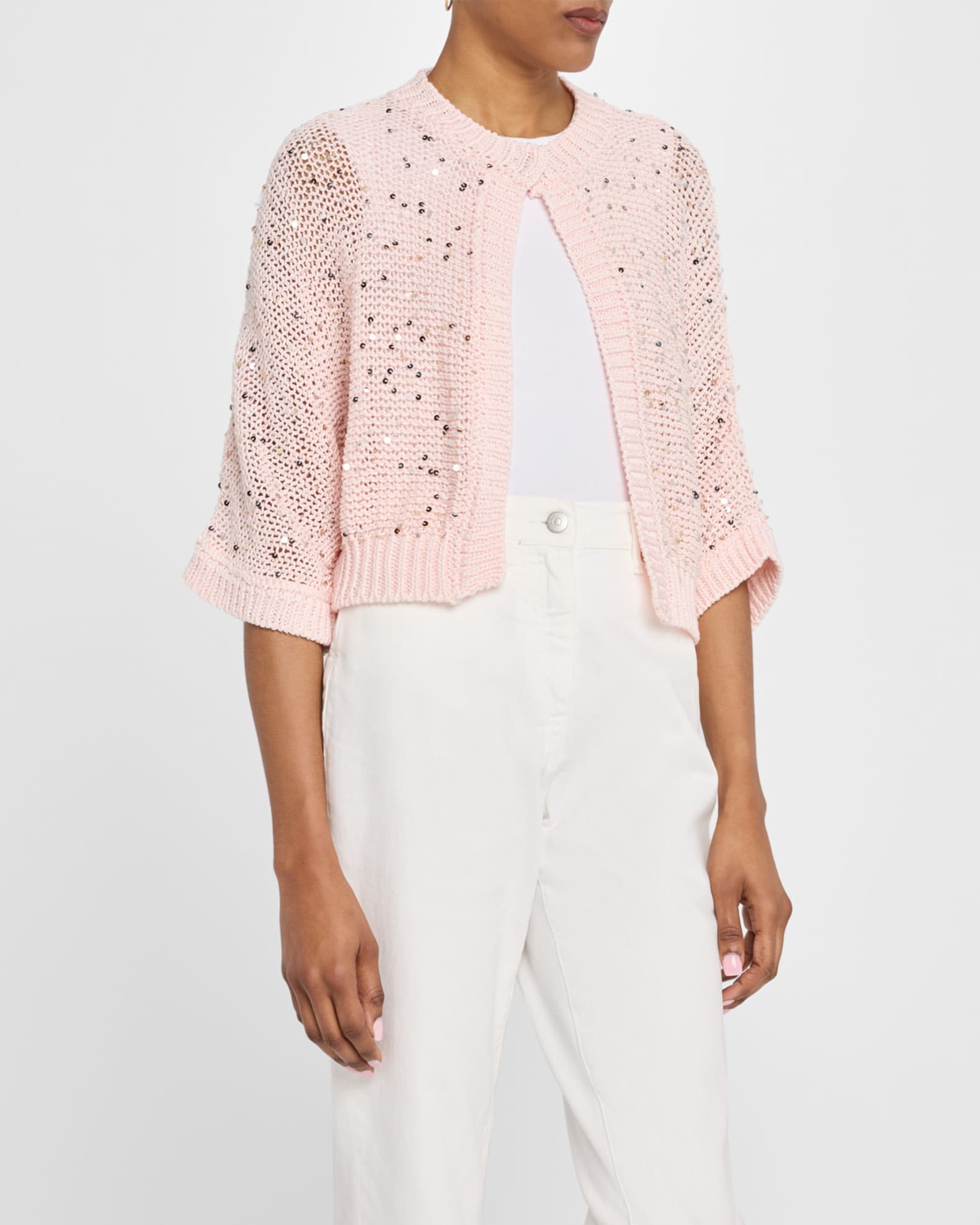 CREAM SEQUIN KNIT PEARL CARDIGAN main image 1