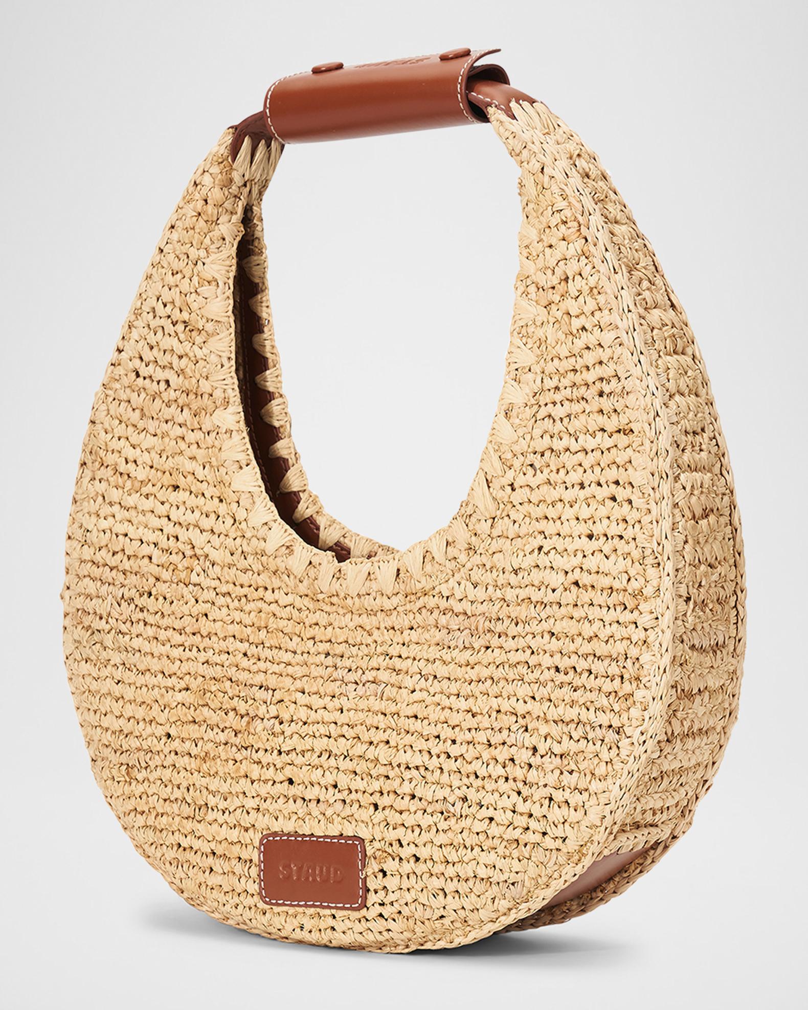 STAUD Moon Raffia & Leather Shoulder Bag | Neiman Marcus