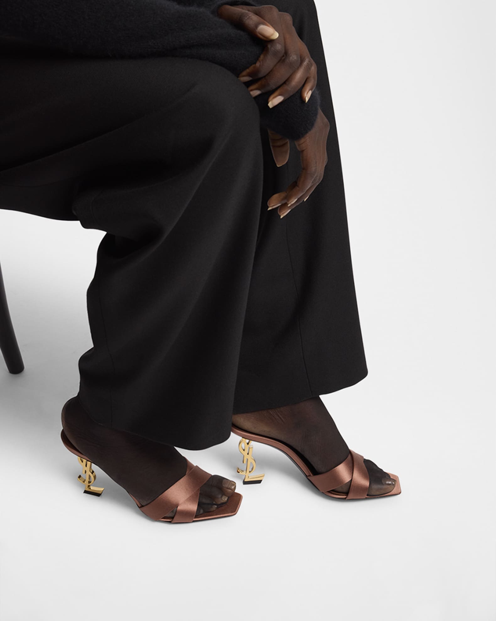Opyum YSL Logo Heel Satin Slide Sandals