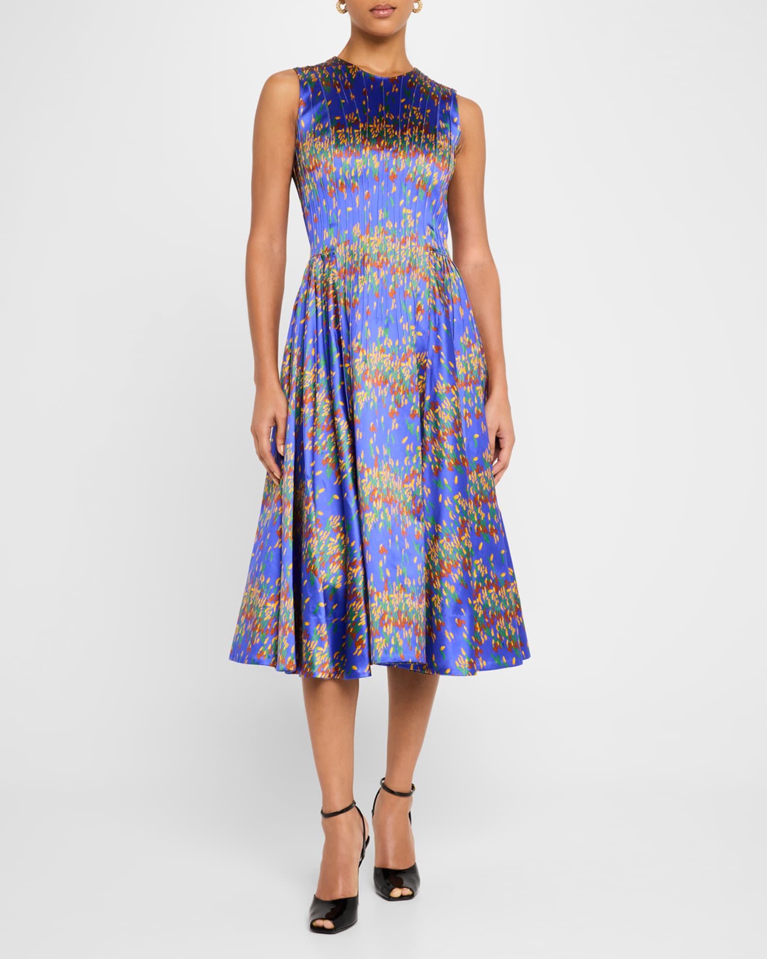 Printed Silk Pintuck Midi Dress 1