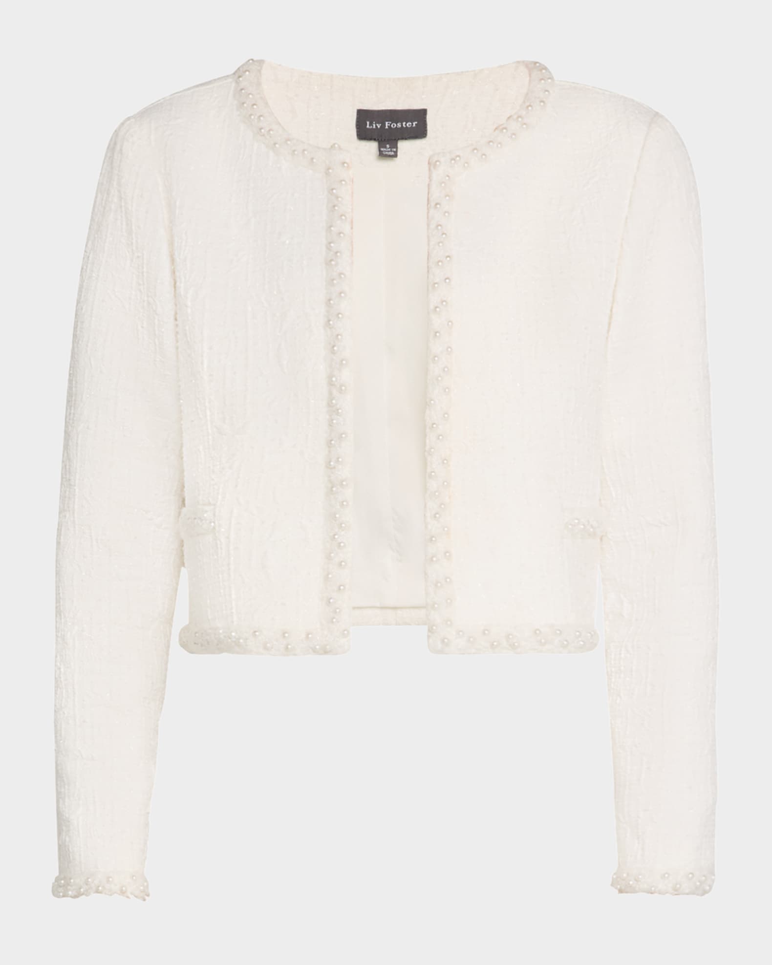 Liv Foster Mable Open-Front Beaded Boucle Jacket - Ivory