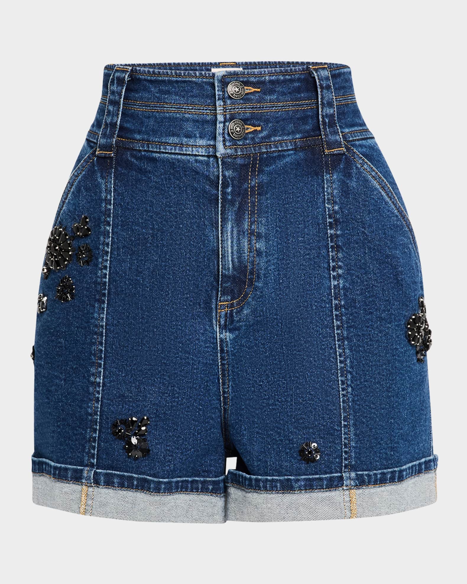 Cinq a Sept Crystal Double-Waistband Denim Shorts | Neiman