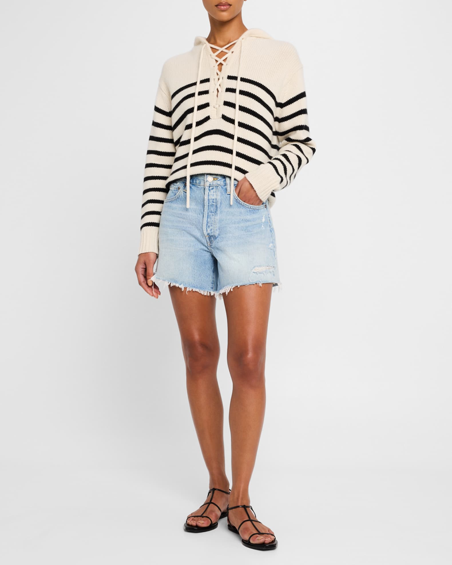 Noemi Hooded Lace-Up Stripe Cashmere Sweater 1